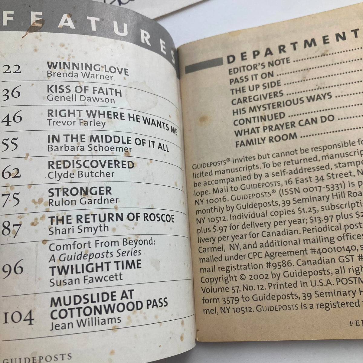 Interior features page from Guideposts Magazine February 2003, showcasing articles including one by Brenda Warner.