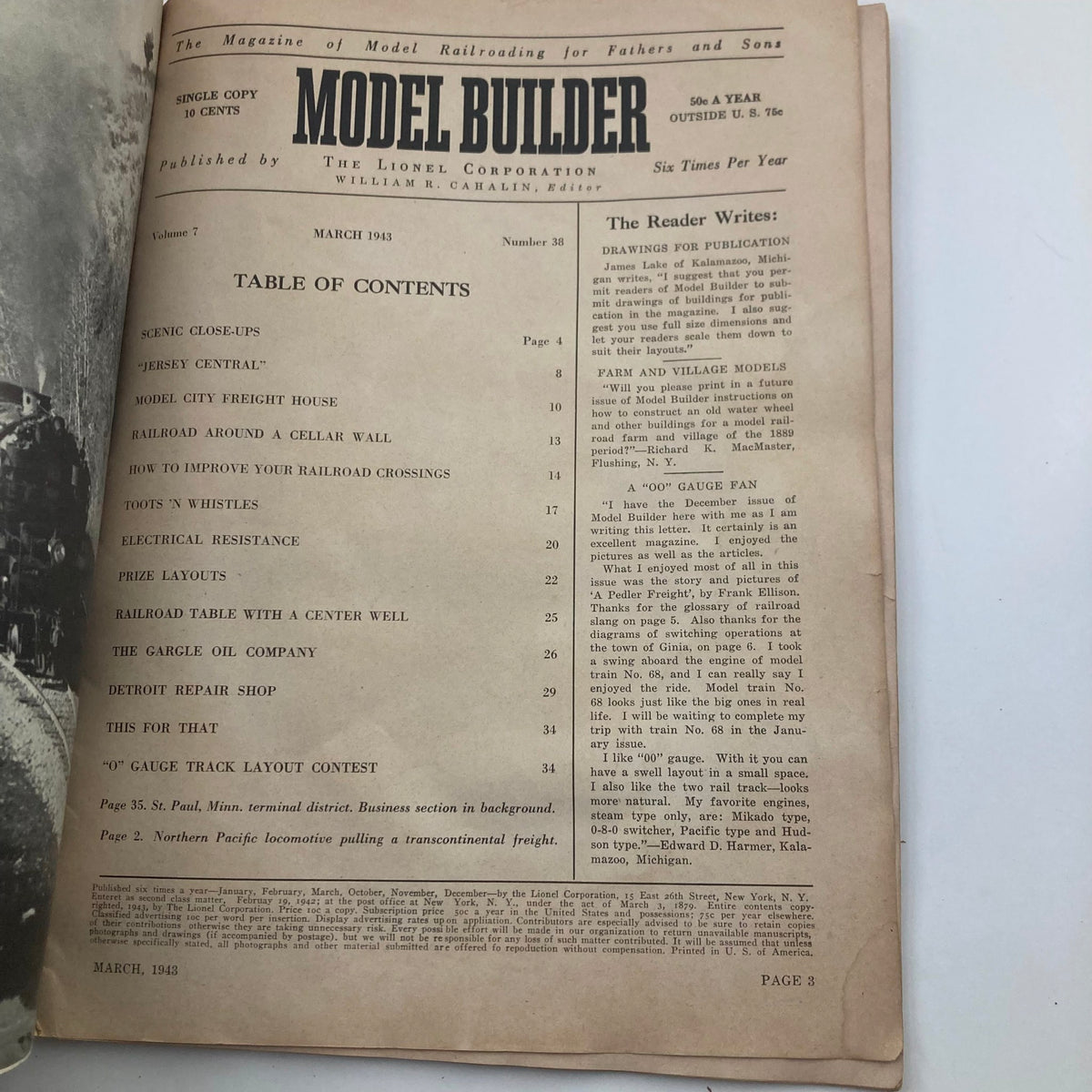 Table of contents page from VTG Model Builder Magazine, March 1943, Vol 7 #38, listing various articles related to model railroading, displaying the magazine's layout and historical context.