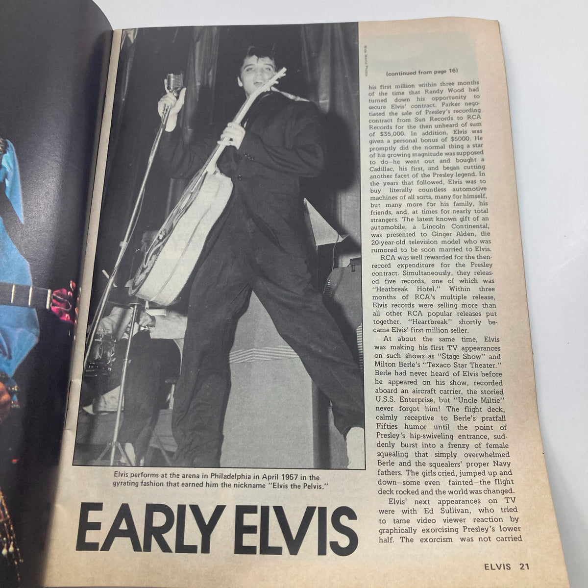 Vintage 1977 image featuring Elvis Presley performing at the arena in Philadelphia, showcasing his iconic style that earned him the nickname "Elvis the Pelvis". This image is part of the collection titled 'VTG 1977 Elvis Forever A Salute to "The King" Elvis Presley No Label'.