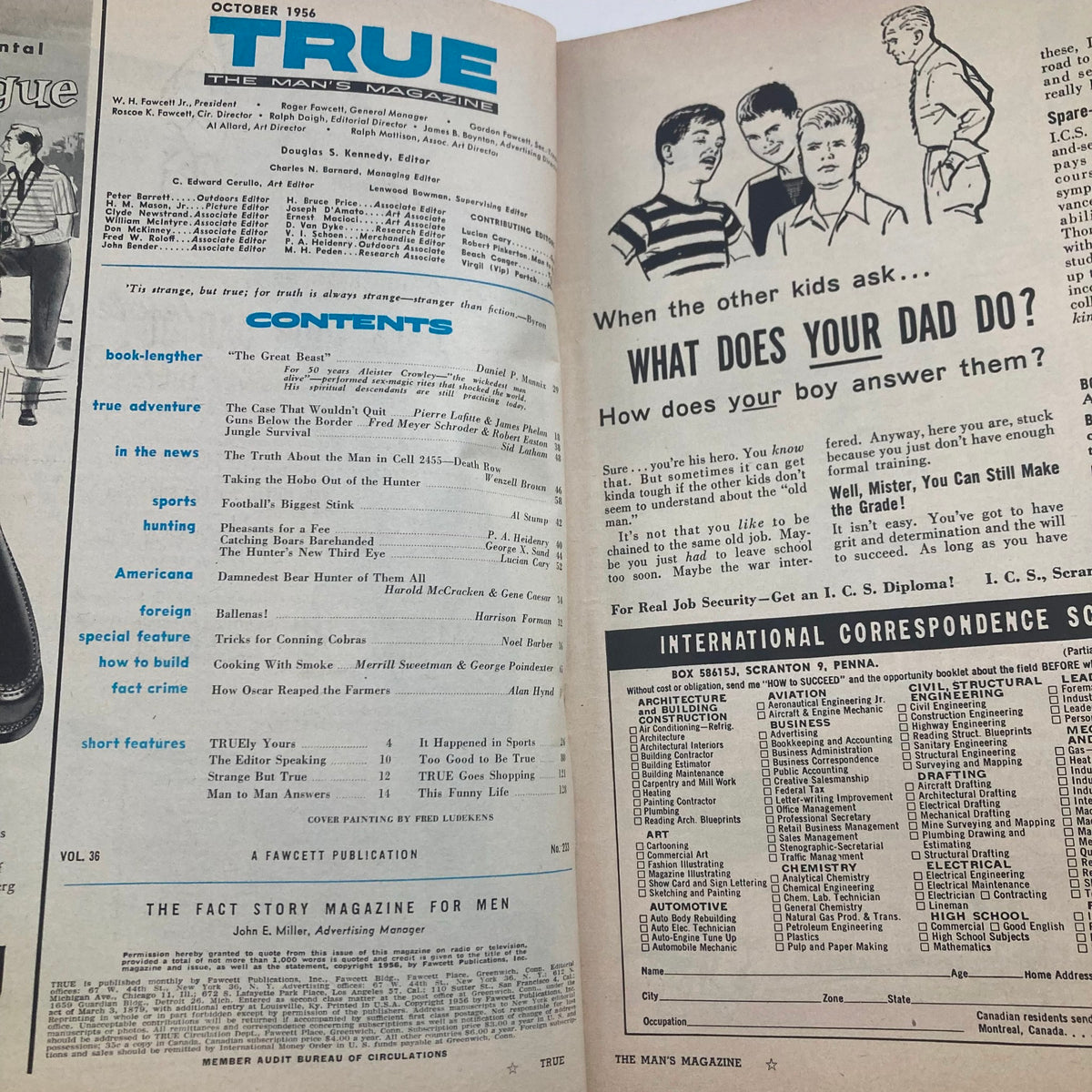 Inside pages of VTG True The Man's Magazine October 1956, showcasing the table of contents and articles pertaining to men's interests from the 1950s.