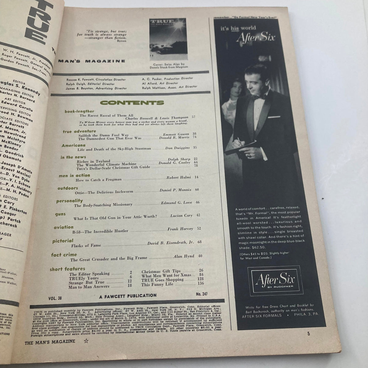 Contents page of VTG True The Man's Magazine December 1957 Riches in Toyland showcasing article titles and a classic advertisement, highlighting mid-century publication details.