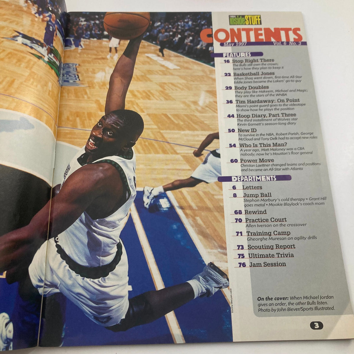 Contents page of NBA Inside Stuff Magazine May 1997 Vol 6 No. 3, detailing features including player profiles and highlights from the NBA.