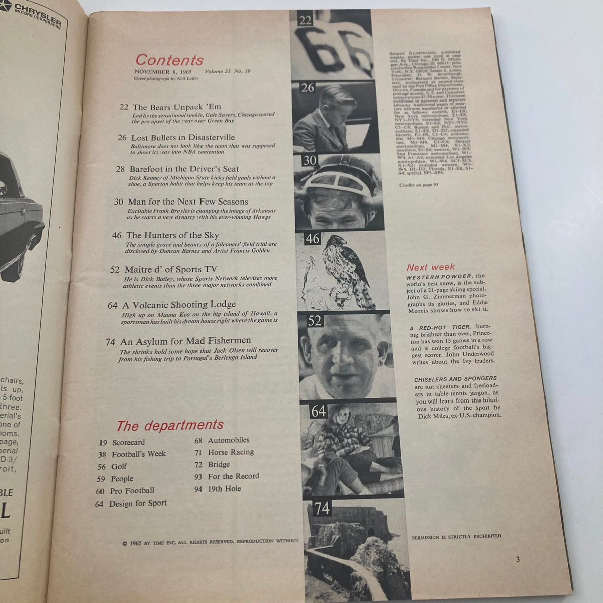 Contents page of the VTG Sports Illustrated Magazine November 8 1965, detailing articles and features including sports topics of the mid-1960s.
