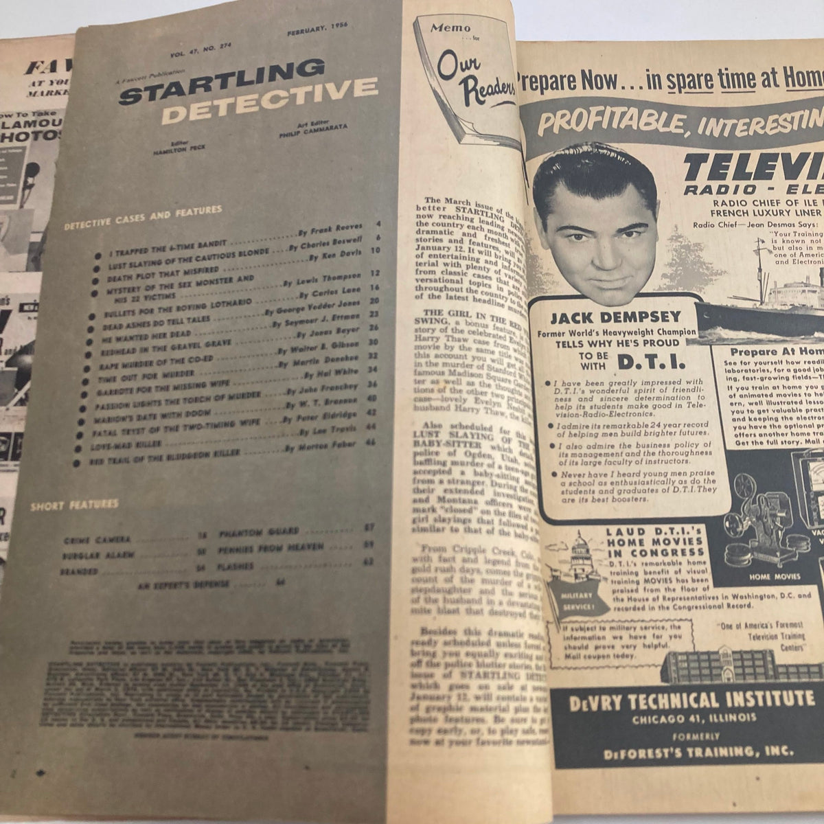 Inside pages of VTG Startling Detective Magazine, February 1956, showcasing contents and features including detective stories and advertisements.