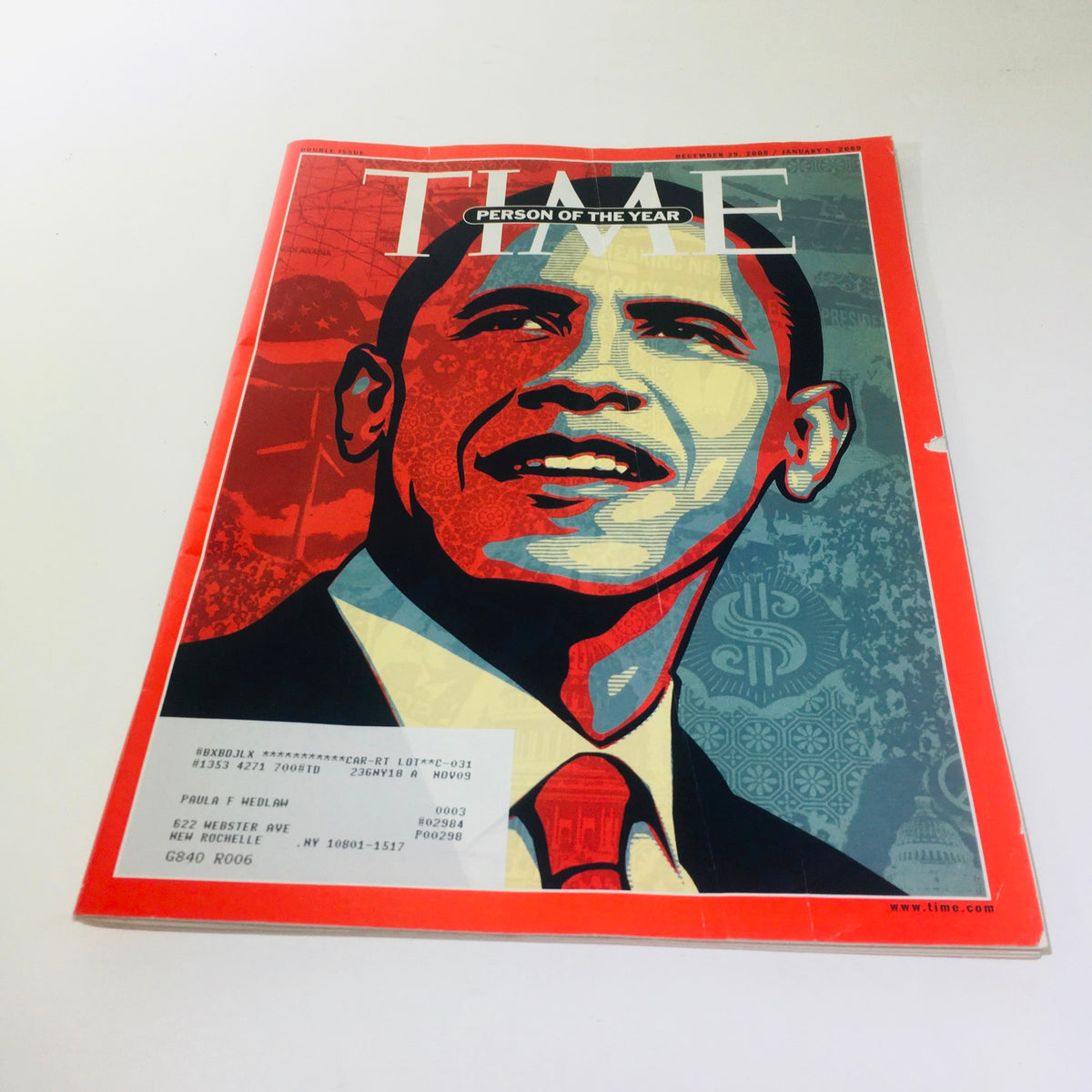 Cover of Time Magazine: Dec 29 2008 - Jan 5 2009 featuring Barack Obama as Person of the Year, showcasing an artistic depiction of Obama with bold colors and symbols of American history.