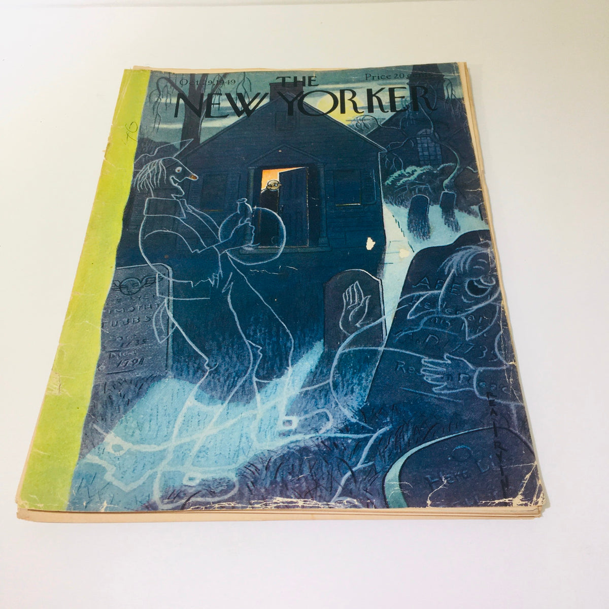 Cover of The New Yorker magazine from October 29, 1949 featuring a theme illustration by Peter de Vries, showcasing a whimsical scene with ghostly figures and a house, reflecting post-war American culture.