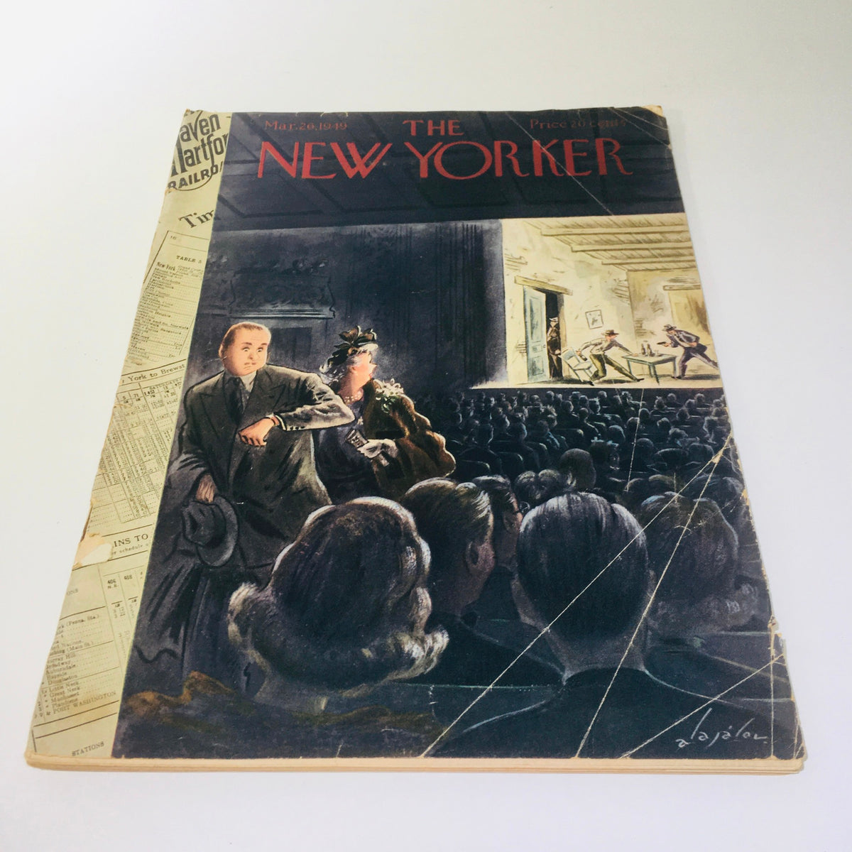 The New Yorker March 26 1949 Full Magazine cover by William Mangold, featuring a vintage illustration capturing a dramatic scene with a couple in the foreground and an audience watching an event, reflecting the art and culture of the late 1940s.