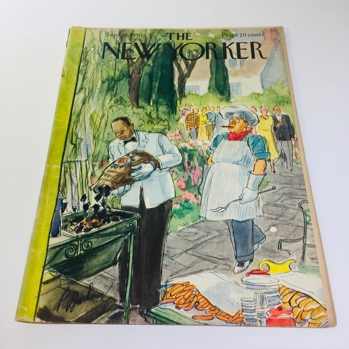 Cover image of The New Yorker, September 16, 1950, illustrated by Perry Barlow, featuring a lively outdoor scene with characters engaging in a garden setting.