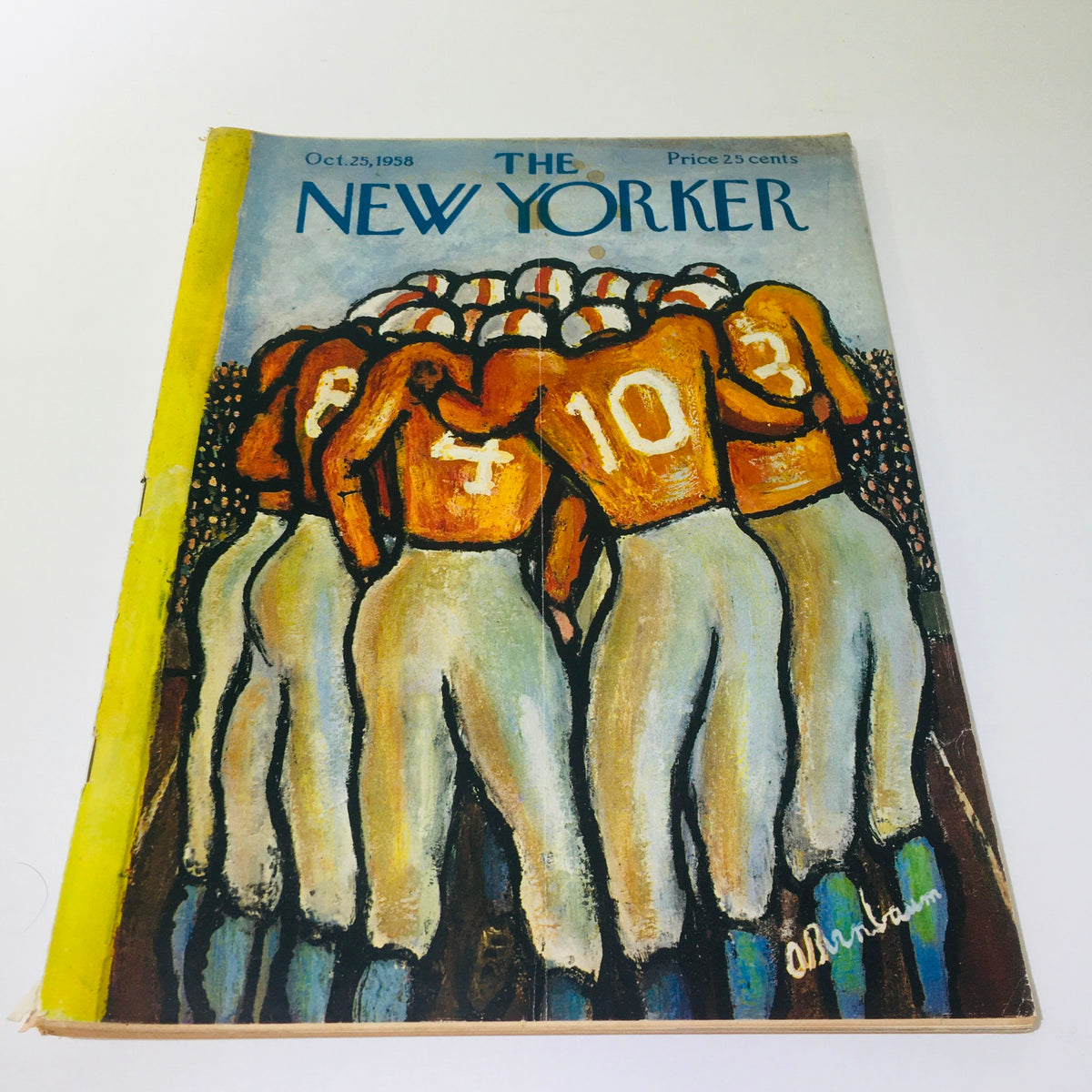 Cover of The New Yorker Magazine from October 25, 1958 featuring artwork by Abe Birnbaum, depicting a group of players in orange jerseys.