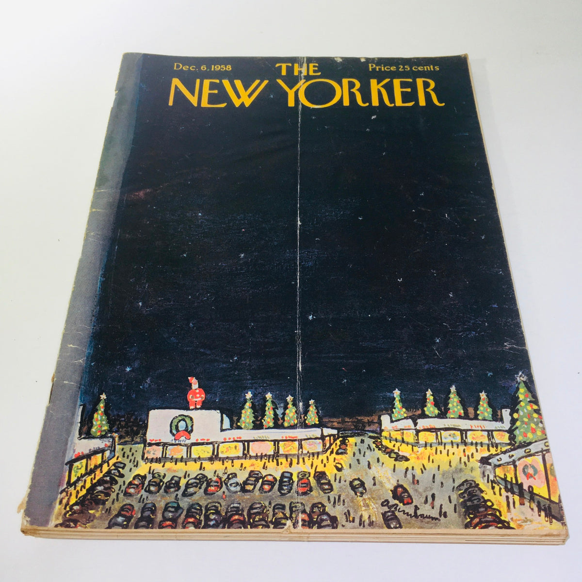 Cover of The New Yorker Magazine from December 6, 1958, featuring a full theme design by Abe Birnbaum, depicting a festive winter scene with holiday decorations and a Christmas atmosphere.