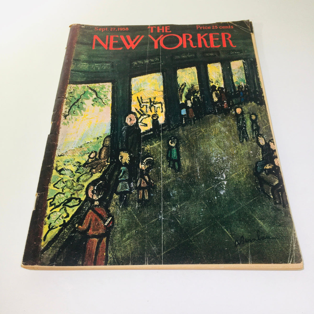 Cover of The New Yorker Magazine from September 27, 1958, featuring an artistic illustration by Abe Birnbaum, depicting a vibrant scene with people in a public space. This vintage magazine showcases mid-century design and storytelling.