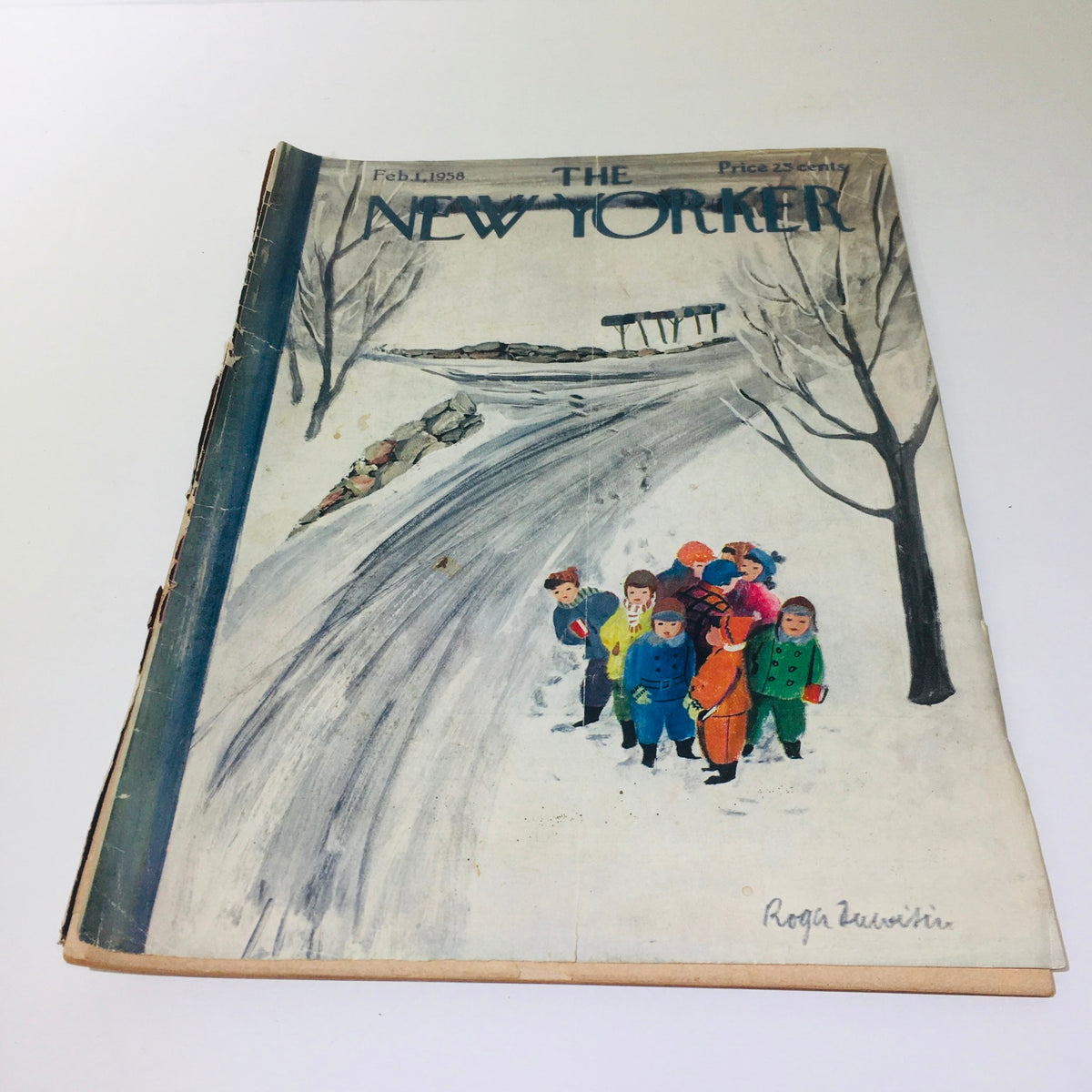 The New Yorker: Feb 1 1958 full magazine cover illustrated by Roger Divosin, featuring children playing in the snow.