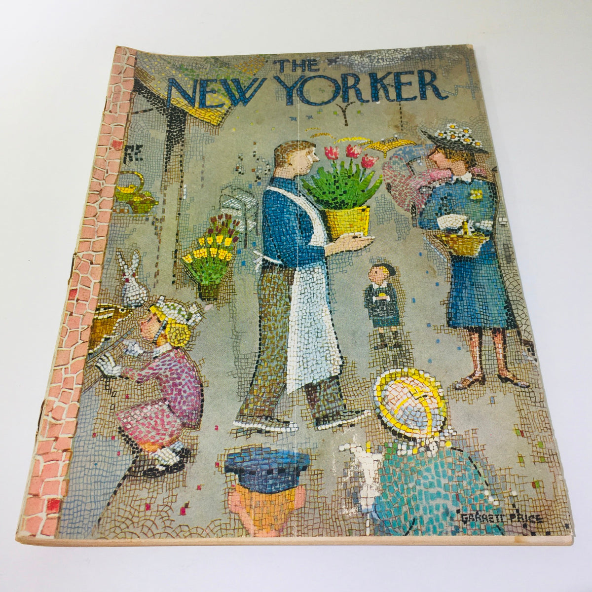 Cover of The New Yorker Magazine April 5 1958 featuring full theme artwork by Garrett Price, showcasing vibrant scenes of people interacting at a flower market with flowers in baskets, characters in vintage clothing, and a charming depiction of 1950s American life.