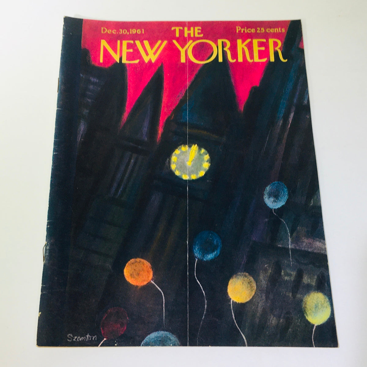Cover of The New Yorker Magazine from December 30, 1961, featuring colorful balloons and a clock motif, designed by Beatrice Szanton, highlighting the artistic style of the early 1960s.