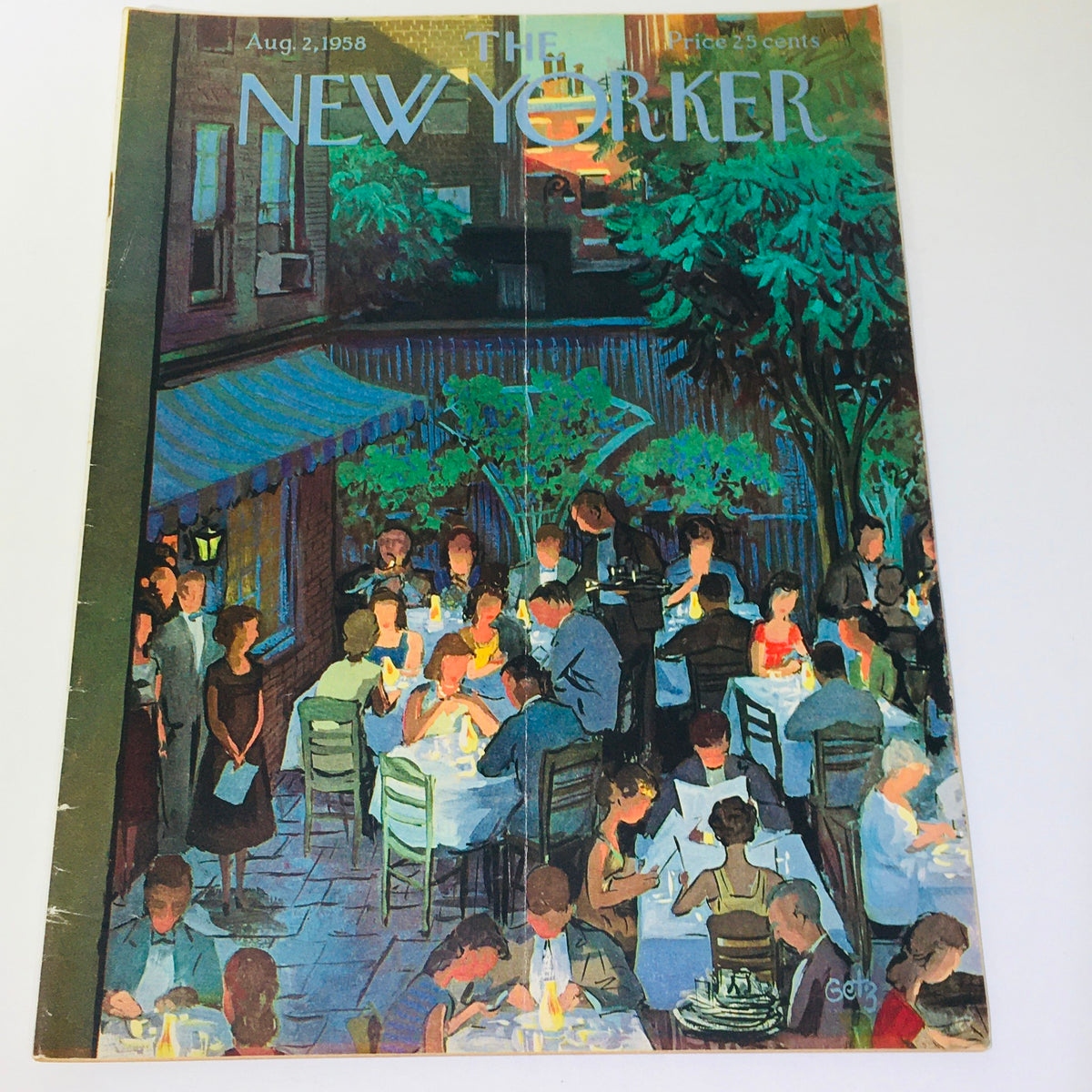 Cover of The New Yorker magazine from August 2, 1958, designed by Arthur Getz, featuring an artistic evening scene of diners in an outdoor setting, showcasing vibrant colors and a nostalgic atmosphere.