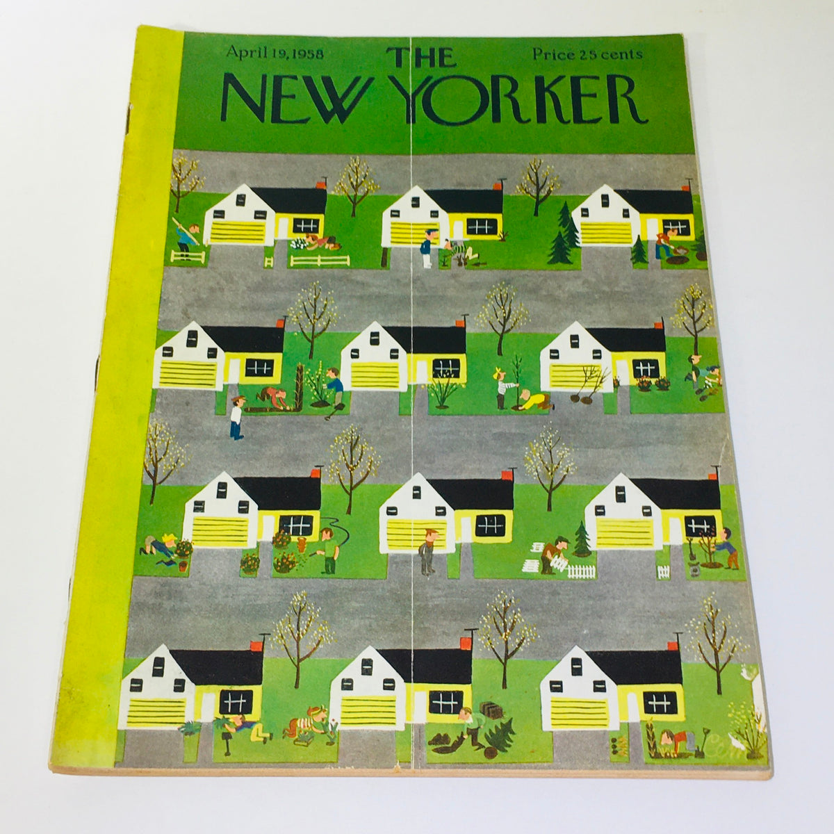 Cover of The New Yorker Magazine from April 19, 1958, illustrated by Charles E. Martin, featuring colorful depictions of suburban houses, gardens, and residents engaging in gardening activities, showcasing a vibrant graphic design.