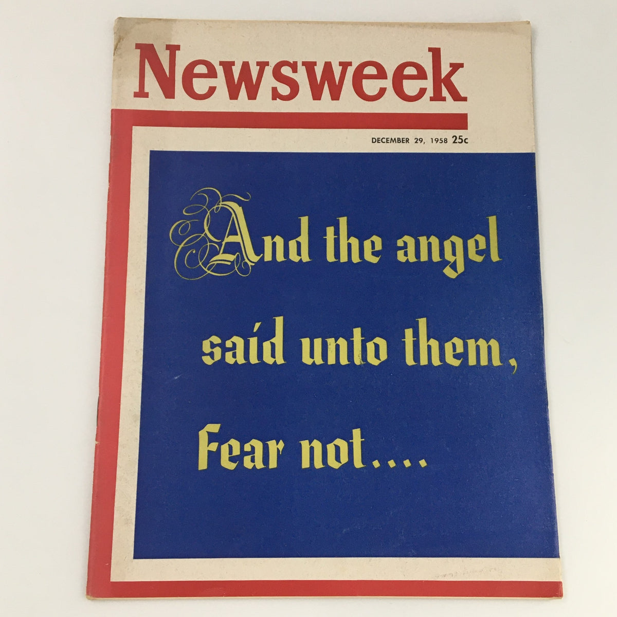 VTG Newsweek Magazine December 29 1958 cover featuring the Bible verse Luke 2:10-11 with a prominent blue background and the text 'And the angel said unto them, Fear not....' The magazine highlights historical significance and nostalgia.