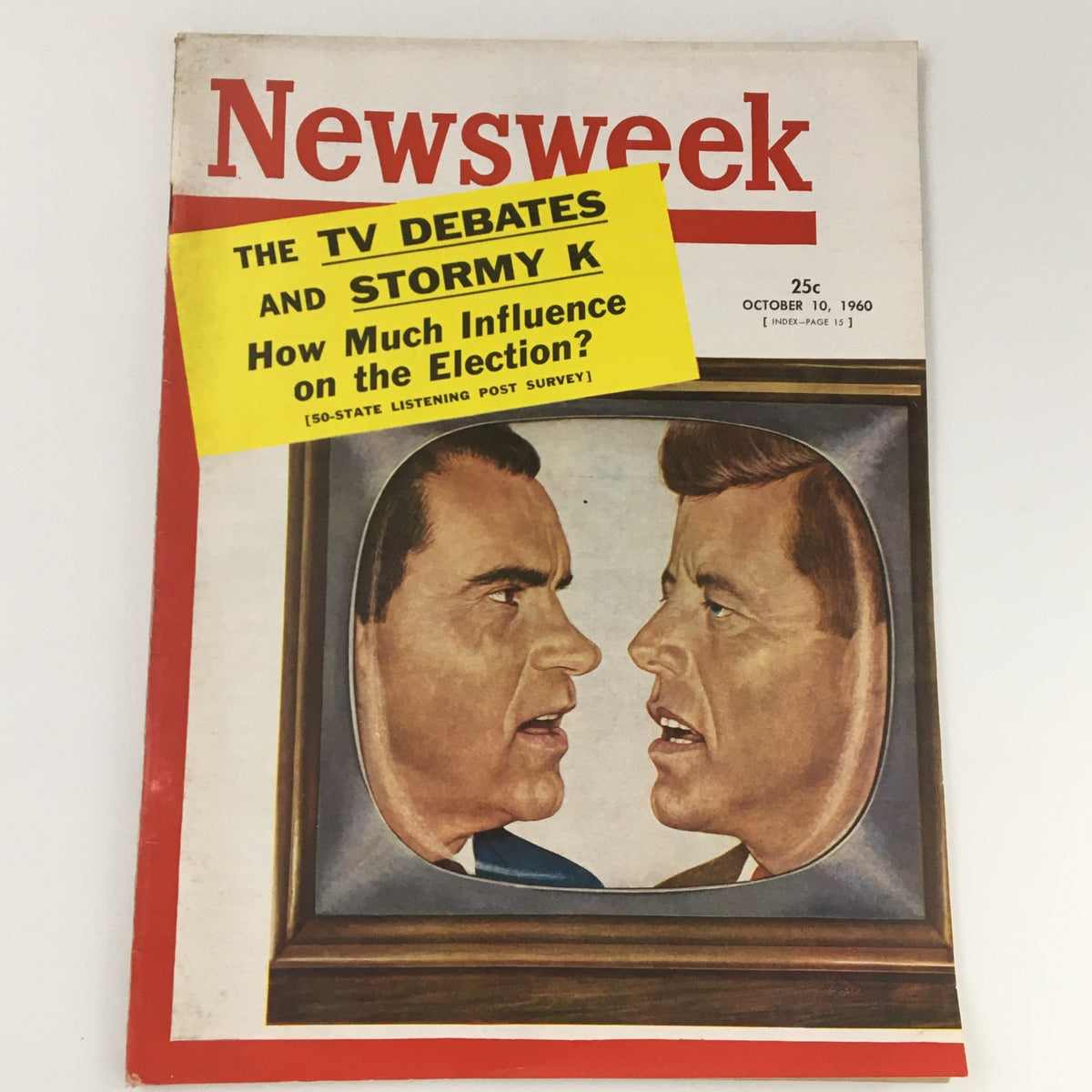 VTG Newsweek Magazine October 10 1960 featuring an illustration of Richard Nixon and John F. Kennedy, emphasizing the political discourse of the presidential election with a bold yellow cover line about TV debates.