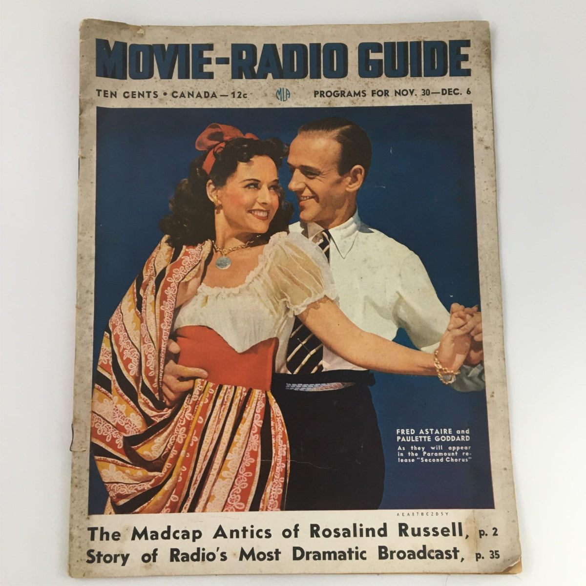 VTG Movie Radio Guide Programs November December 1938 Fred Astaire Cover featuring Fred Astaire and Paulette Goddard in a vibrant dance pose, showcasing vintage Hollywood charm.