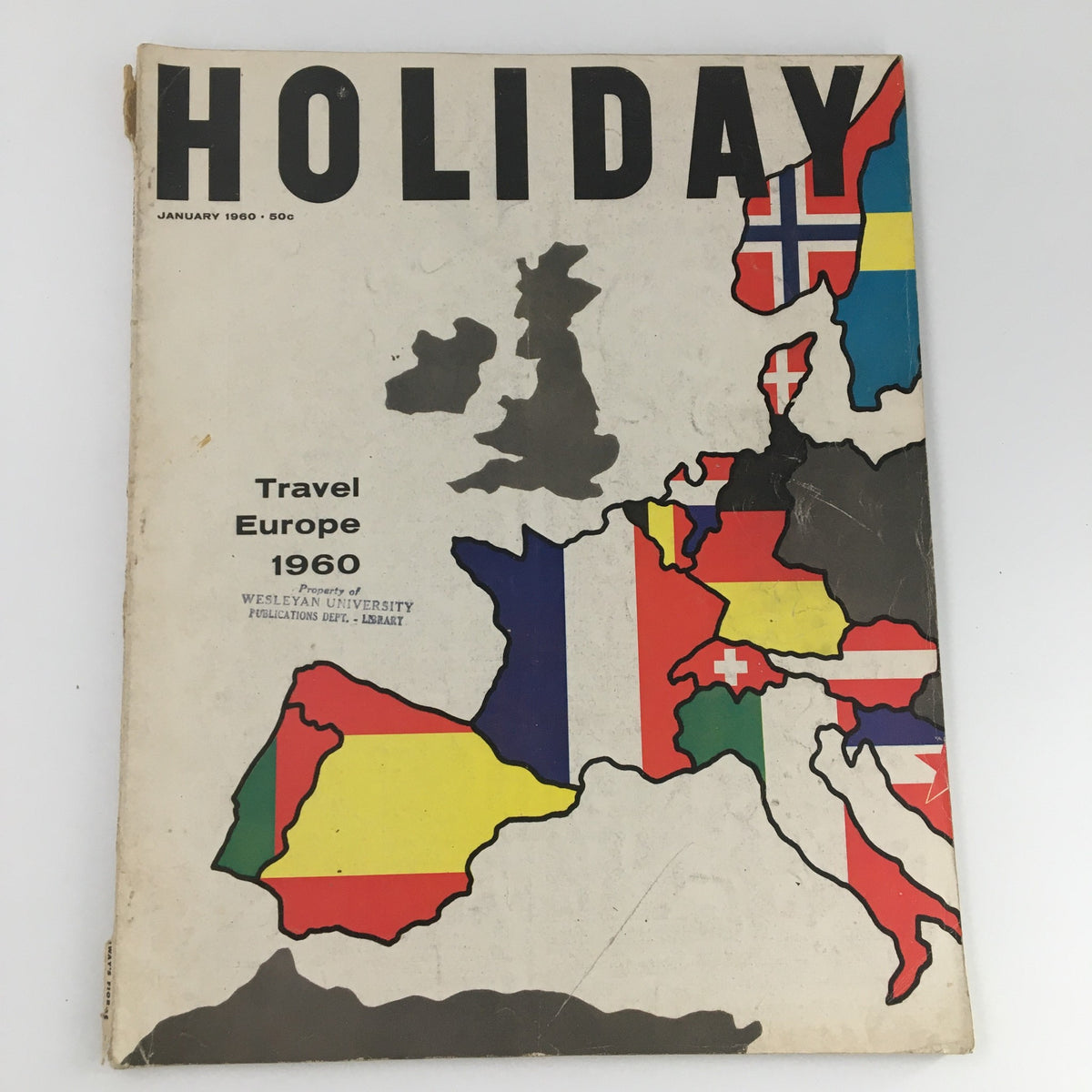 Cover of the VTG Holiday Magazine January 1960 featuring a colorful map of Europe with the title 'Holiday' and 'Travel Europe 1960' prominently displayed.