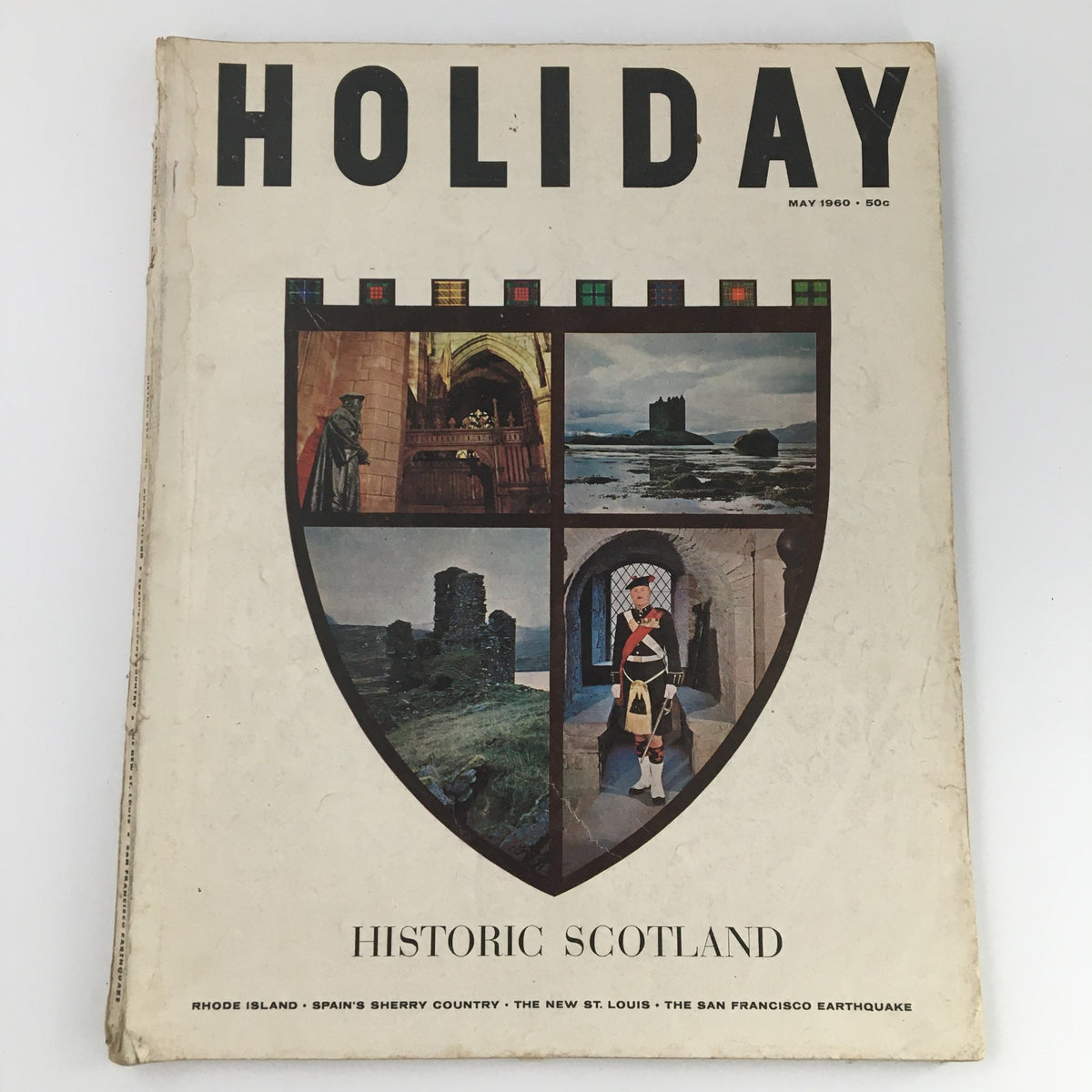 VTG Holiday Magazine May 1960 cover featuring historic Scotland imagery, showcasing iconic landscapes and cultural elements.
