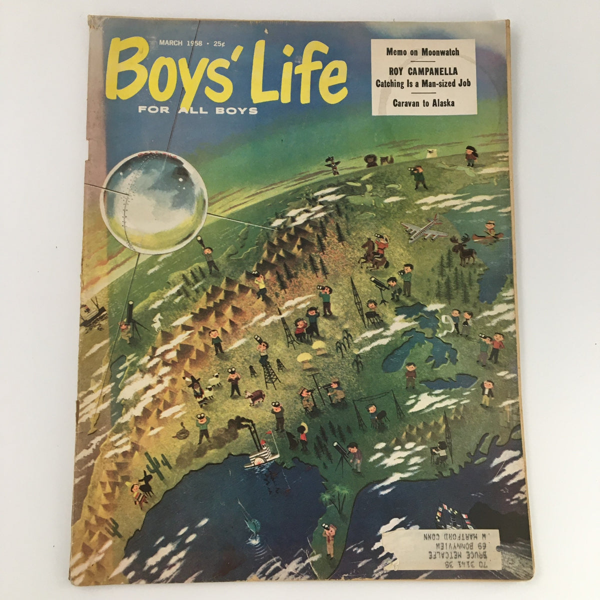 Cover of VTG Boys' Life Magazine March 1958 featuring a colorful illustration related to space exploration, highlighting Roy Campanella, and a memo on Moonwatch.