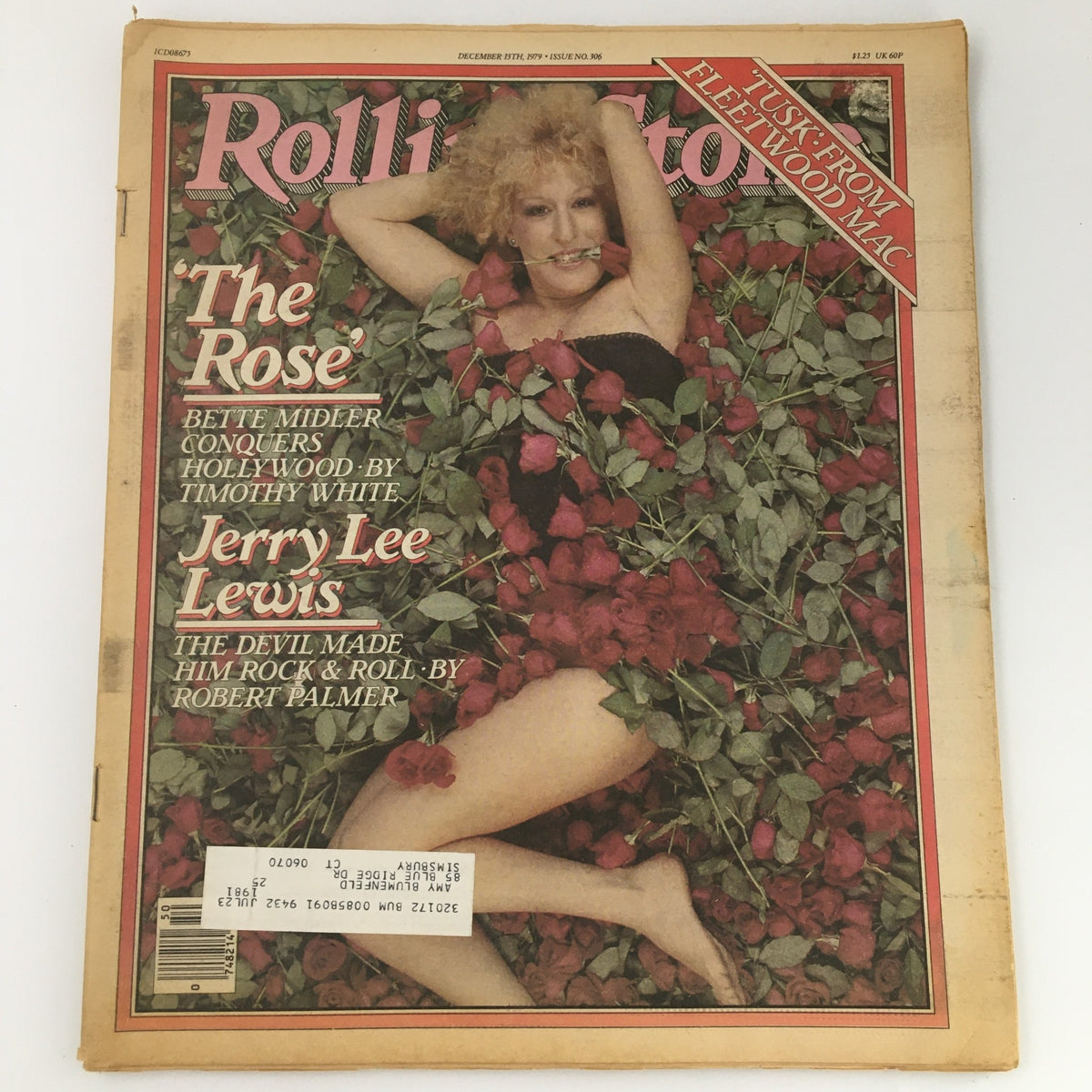 Vintage Rolling Stone Magazine December 13 1979 Issue #306 featuring Bette Midler on the cover surrounded by roses.