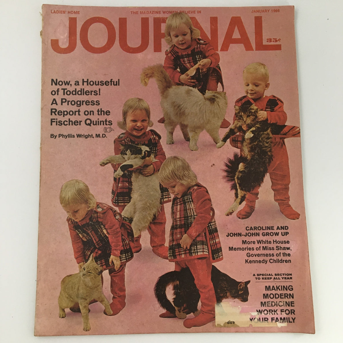 VTG Ladies' Home Journal Magazine January 1966 Cover featuring Caroline and John Kennedy Jr., showcasing a charming and nostalgic image from a significant era in American history.