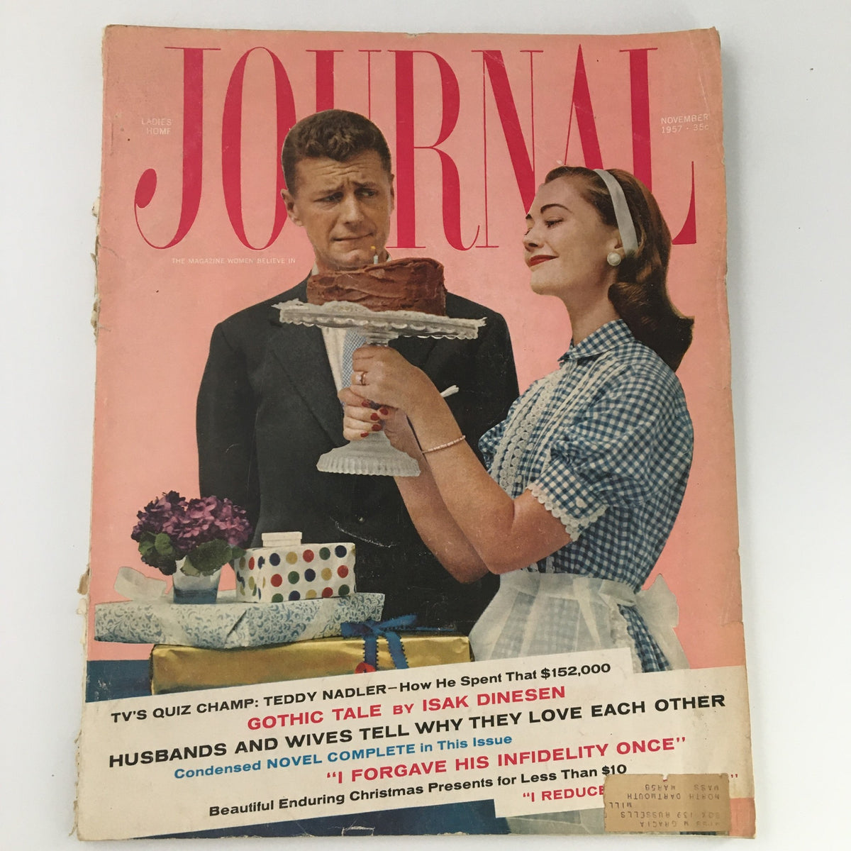 VTG Ladies' Home Journal Magazine November 1957 featuring a Quiz Champ Teddy Nadler profile on the cover with a vintage couple and a cake.