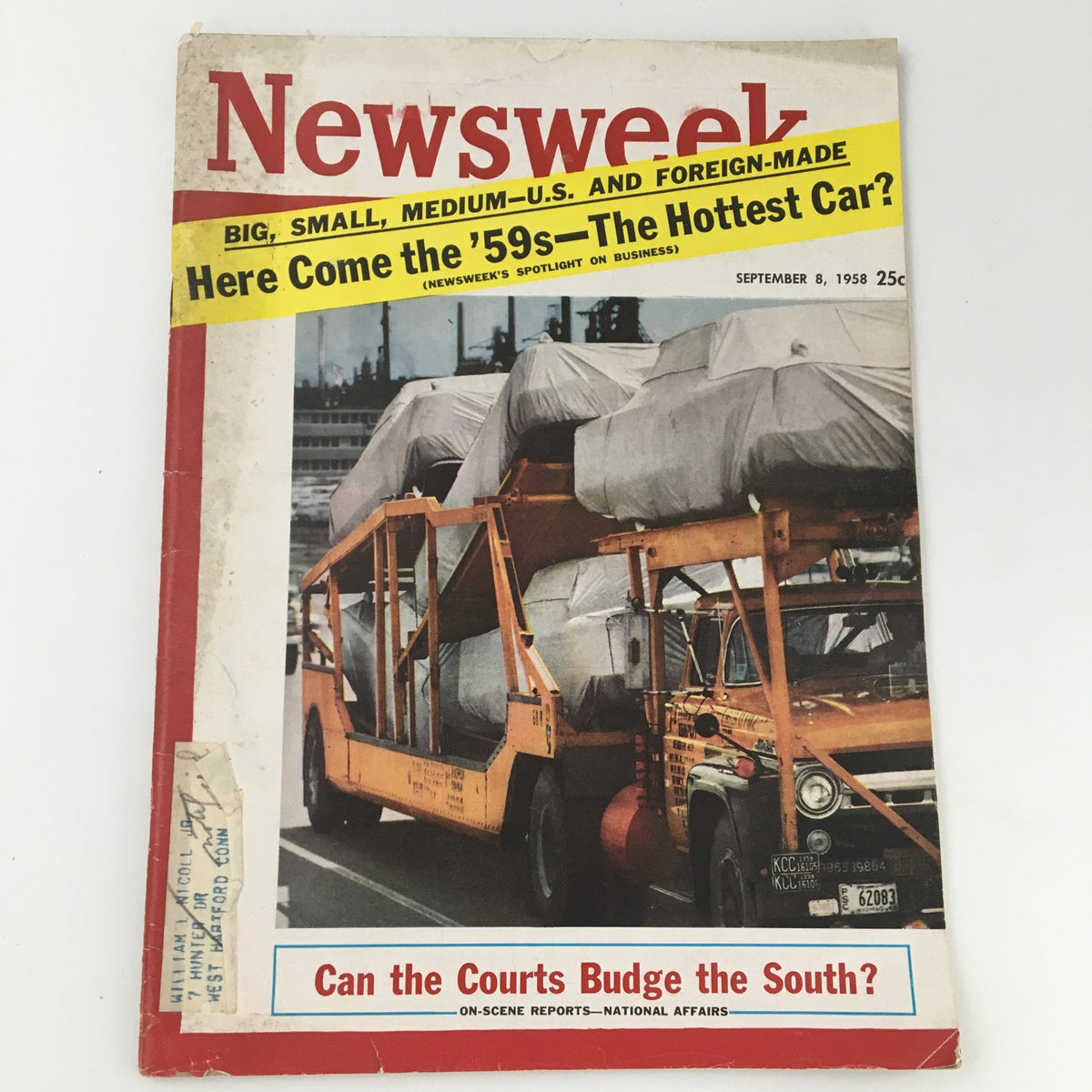 Cover of VTG Newsweek Magazine from September 8, 1958, featuring the title 'The Hottest Cars of 1959' with an image of a truck transporting covered vehicles. The magazine discusses automotive trends and the excitement surrounding upcoming car models.