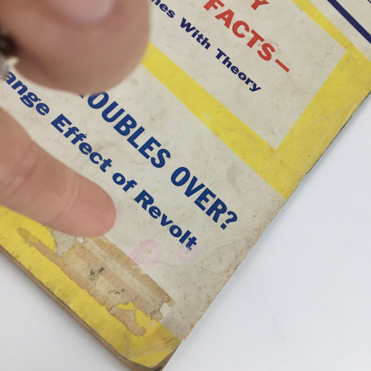 Detailed view of the U.S. News & World Report magazine cover from May 8, 1961, showcasing the subheading 'France’s Troubles Over? Long-Range Effect of Revolt' with an emphasis on wear and age.