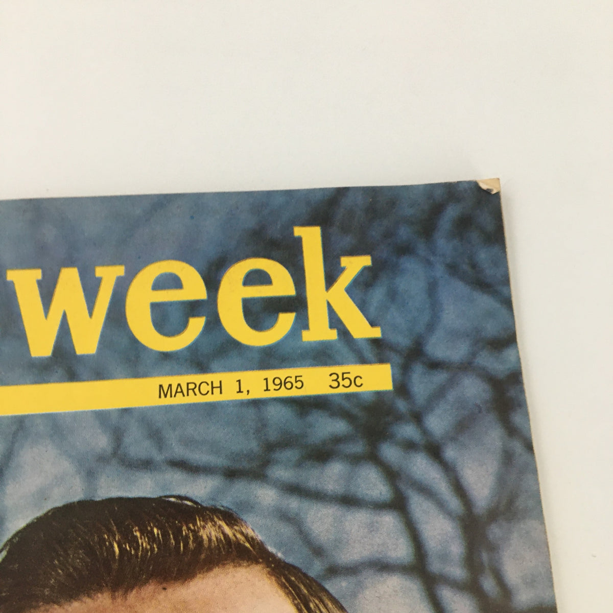 Close-up of the top corner of the Vintage Newsweek Magazine, March 1, 1965, highlighting the date and price.