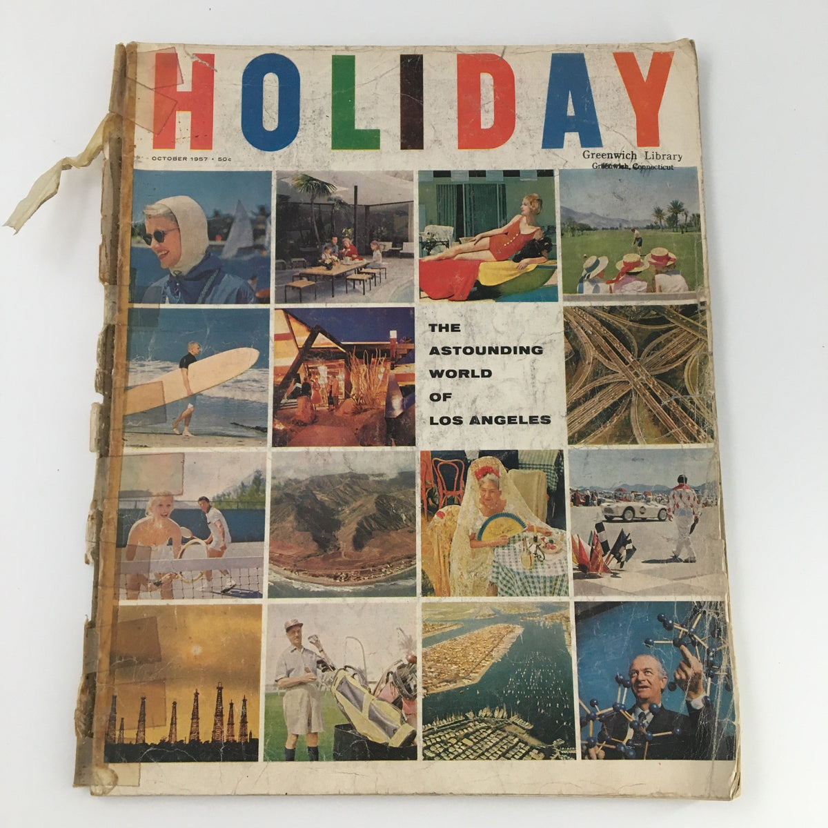 Cover of the VTG Holiday Magazine October 1957, titled 'The Astounding World of Los Angeles', featuring colorful graphics and images depicting the lifestyle and culture of Los Angeles in the mid-20th century.