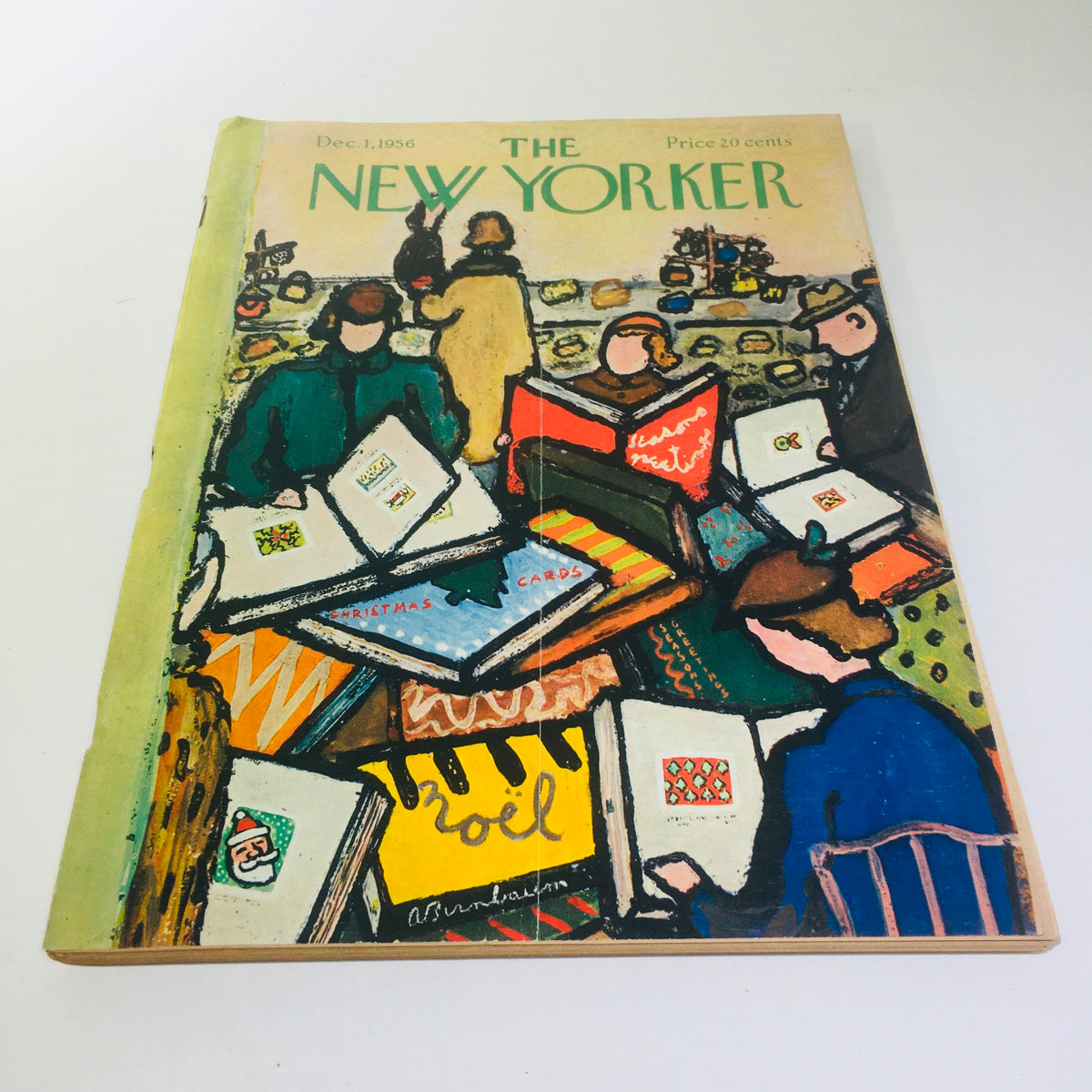 Cover of The New Yorker Magazine, December 1, 1956, featuring vibrant artwork by Abe Birnbaum, depicting people browsing colorful Christmas cards and books. This full theme cover captures the essence of mid-20th century design.