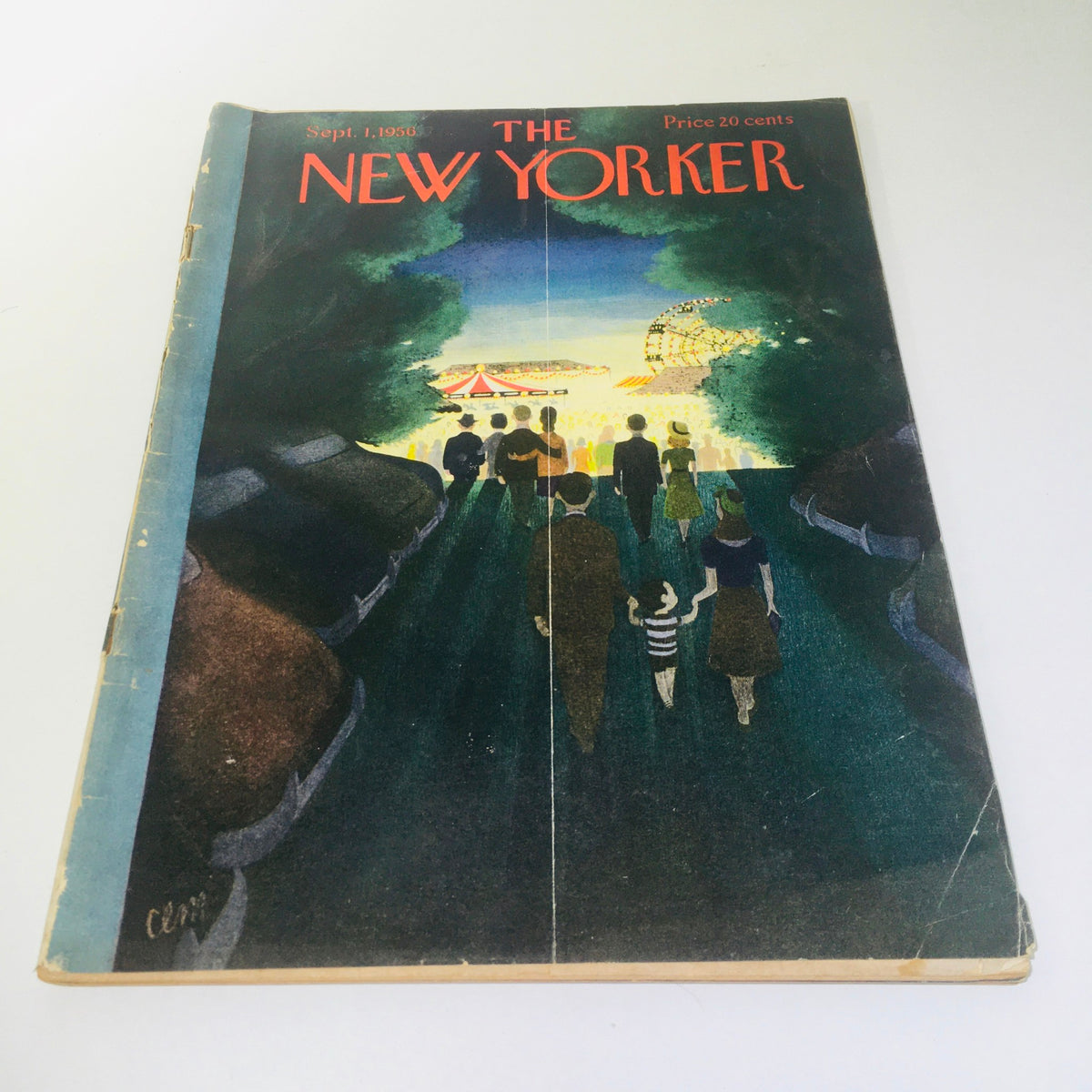 Cover of The New Yorker magazine dated September 1, 1956, designed by Charles E. Martin featuring a colorful scene of people walking towards a fair with lights, encapsulating the vintage charm of the era.