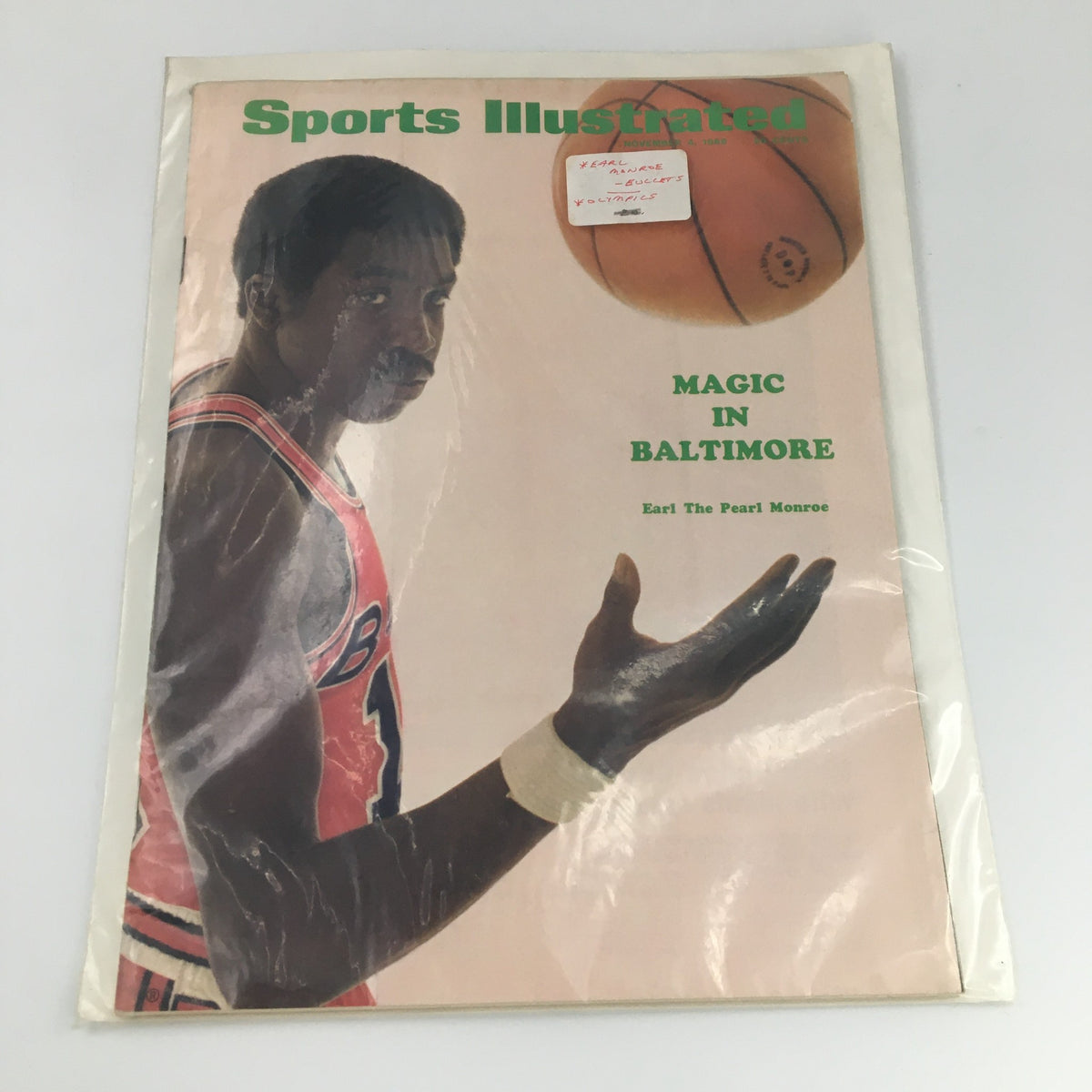 Sports Illustrated Magazine, November 4, 1968 showcasing Earl Monroe on the cover, protected in plastic covering to preserve its vintage condition.