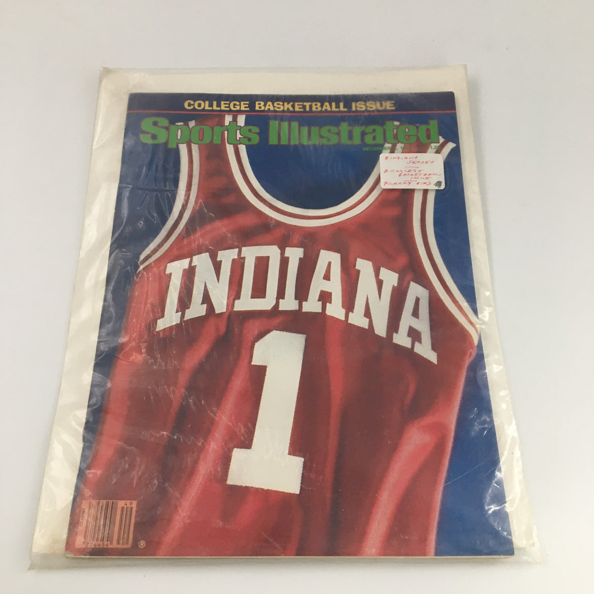 VTG Sports Illustrated Magazine December 3 1979 encased in protective plastic, featuring a red college basketball jersey with 'Indiana' on the cover.