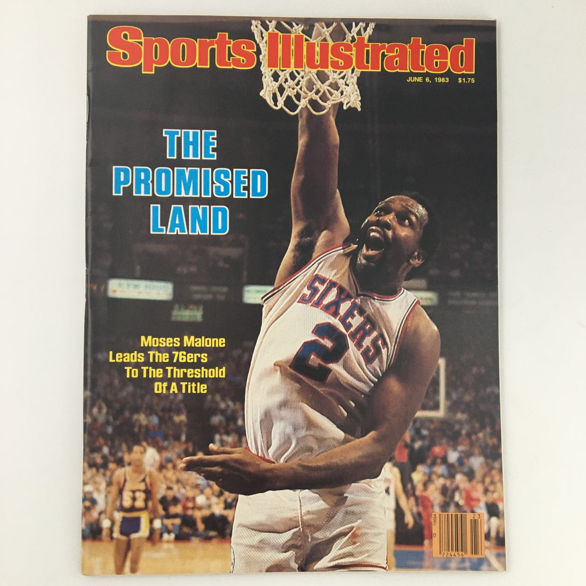 Vintage Sports Illustrated Magazine from June 6, 1983 featuring NBA superstar Moses Malone on the cover, highlighting his role in leading the Philadelphia 76ers to the championship. The cover reads 'The Promised Land' and showcases Malone dunking, making it a collectible piece of sports history and basketball culture from the early 1980s.