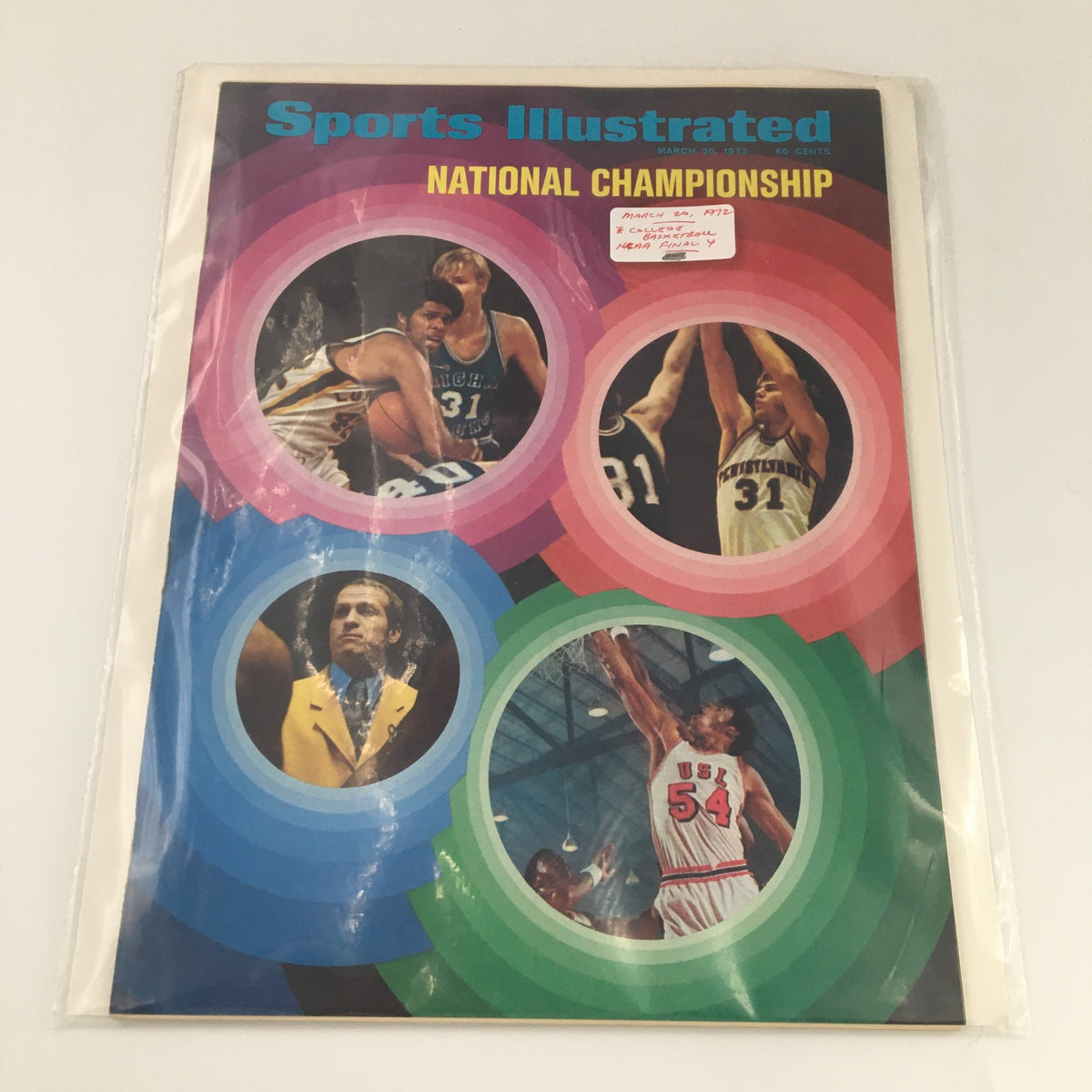 Protected edition of Sports Illustrated March 20, 1972 magazine with visible vibrant graphics highlighting College Basketball NCAA National Championship.