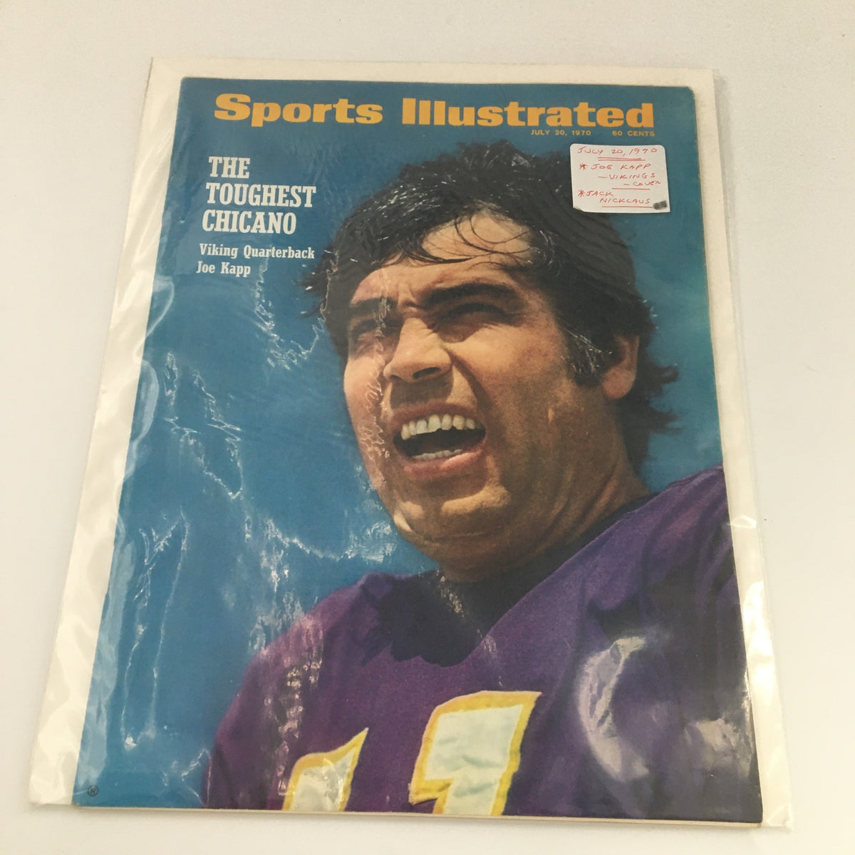 Sports Illustrated magazine from July 20, 1970, showcasing Vikings quarterback Joe Kapp, in protective plastic cover.