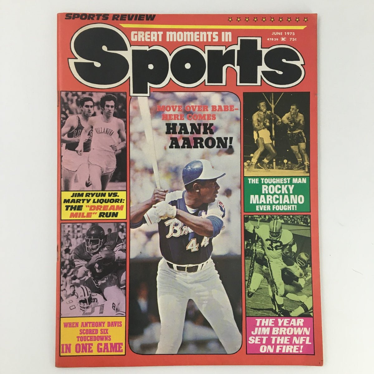 VTG Sports Review Magazine June 1975 featuring Hank Aaron on the cover, highlighting sports moments of the era, ideal for collectors.