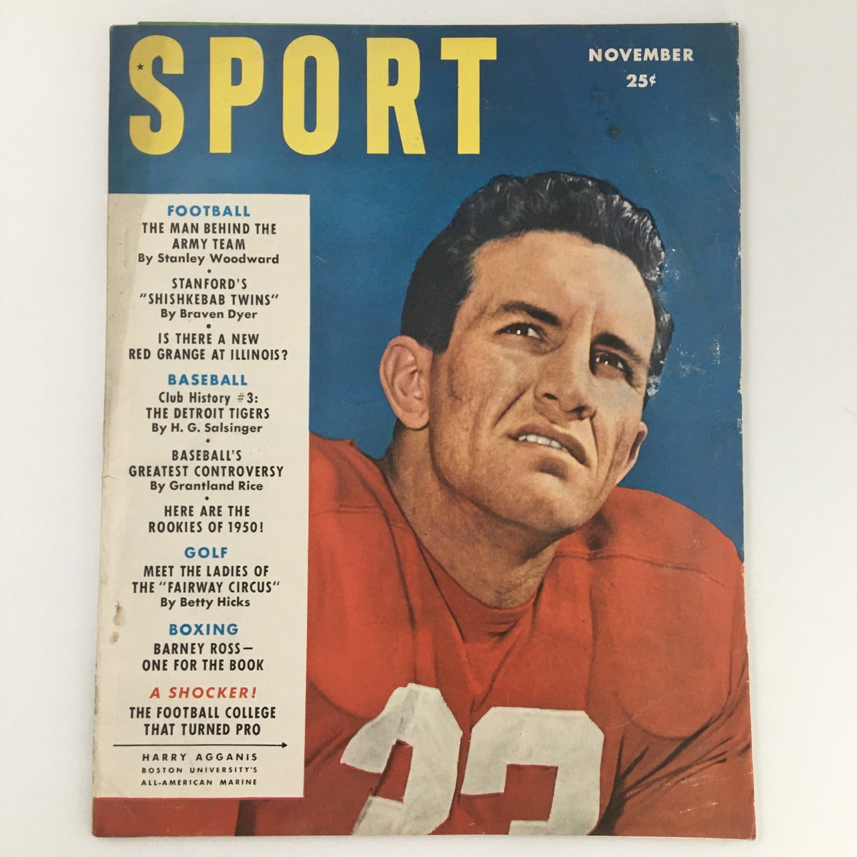 VTG Sport Magazine November 1950 featuring Harry Aganis on the cover, showcasing Boston College’s star athlete, with articles on football, baseball, golf, and boxing. A collectible piece of sports history.