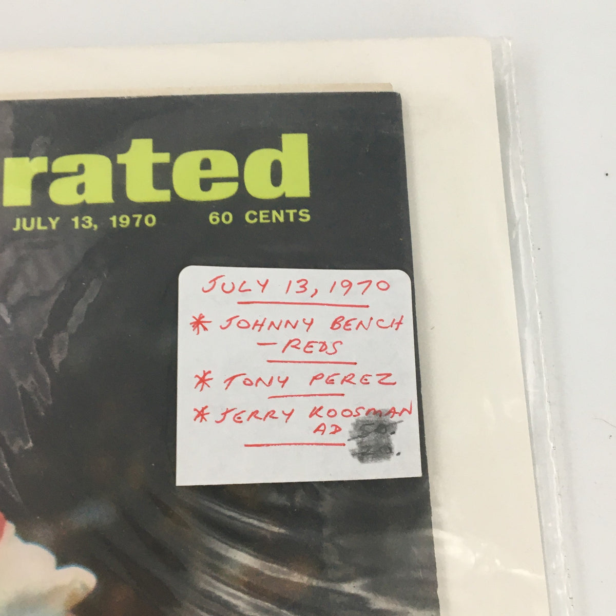 Detailed image of the Sports Illustrated magazine cover with handwritten notes, featuring Johnny Bench and mentioning notable players, dated July 13, 1970.