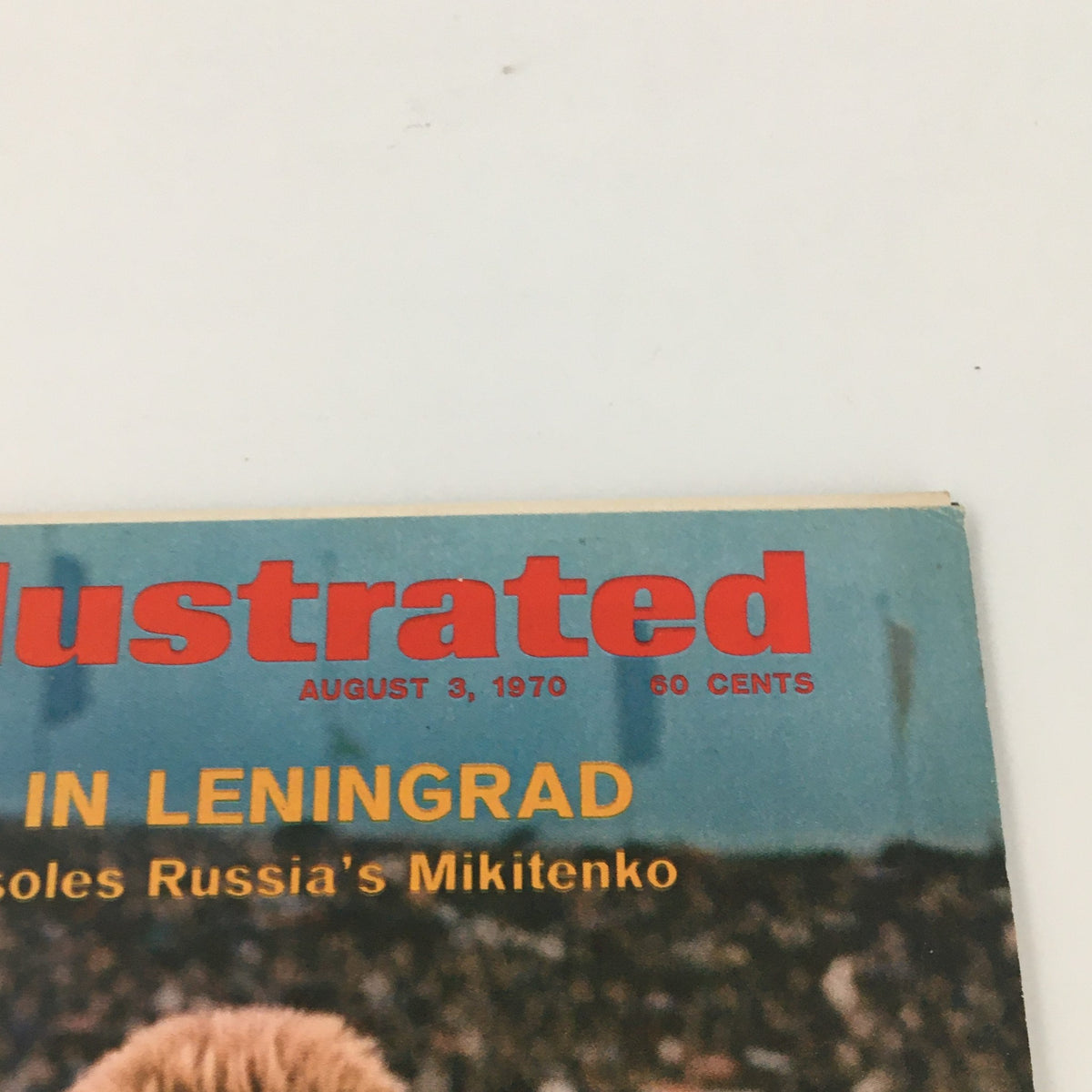 Close-up of the title section of Sports Illustrated August 3, 1970, showcasing the prominent headline: 'Upsetting Meet in Leningrad'.