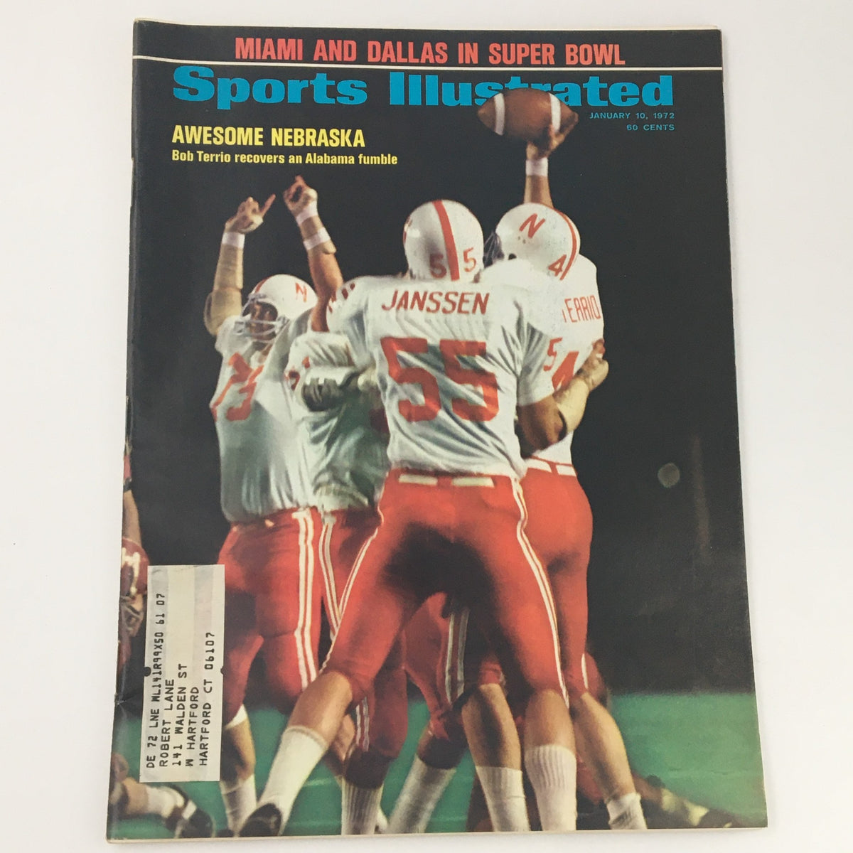 Vintage Sports Illustrated Magazine from January 10, 1972, featuring Nebraska's Janssen and Terrio on the cover celebrating a football play.