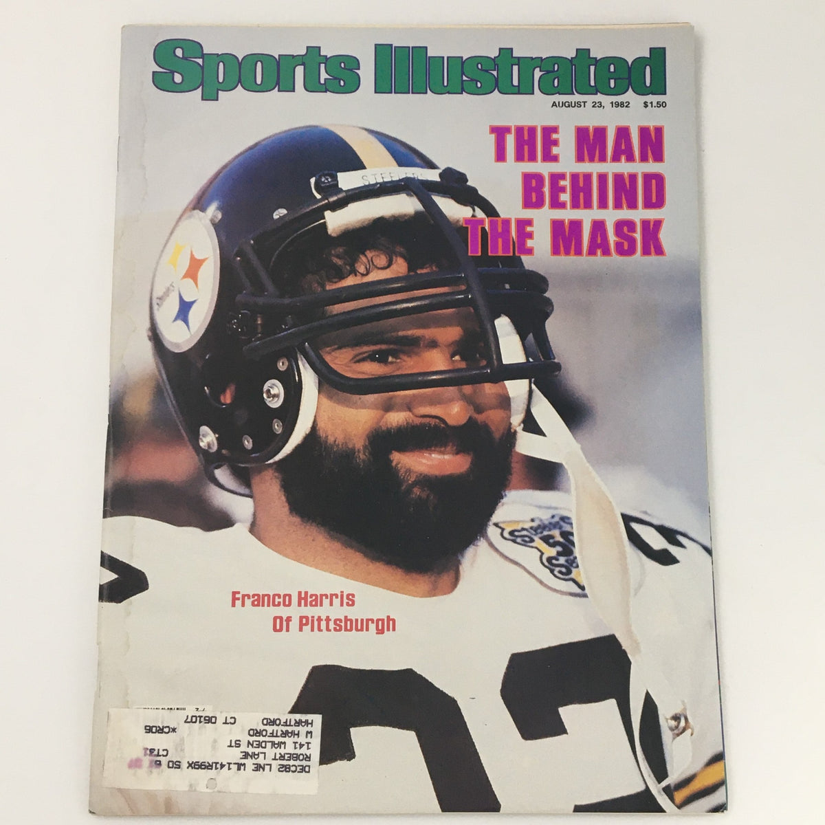 Vintage Sports Illustrated Magazine cover from August 23, 1982 featuring Franco Harris of Pittsburgh Steelers, showcasing the headline 'The Man Behind the Mask'.