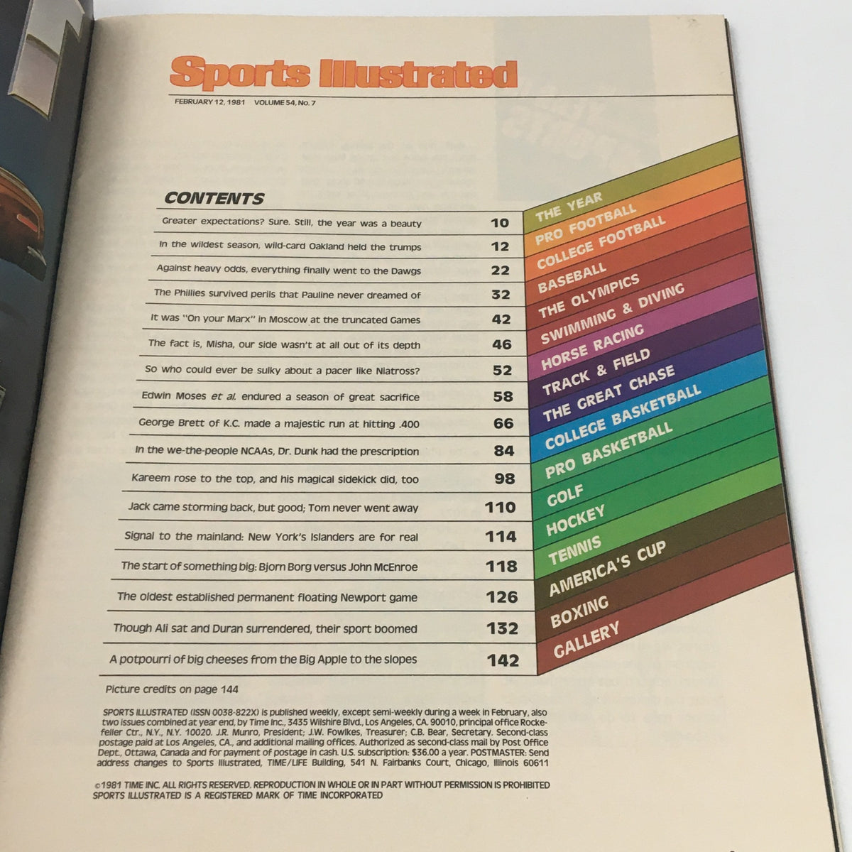 Contents page of VTG Sports Illustrated Magazine February 12, 1981, outlining various sports articles and highlights from the year.