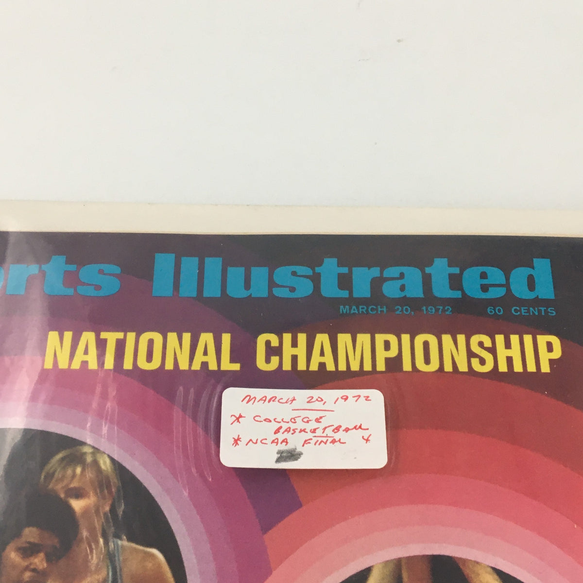 Close-up of VTG Sports Illustrated Magazine March 20 1972 NCAA Final 4 Championship cover with handwritten notes visible.