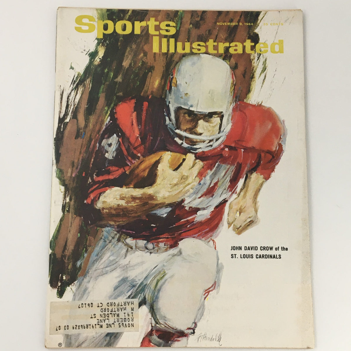 VTG Sports Illustrated Magazine November 9 1964 featuring Cardinals' John David Crow on the cover, showcasing a vintage illustration of a football player in action.