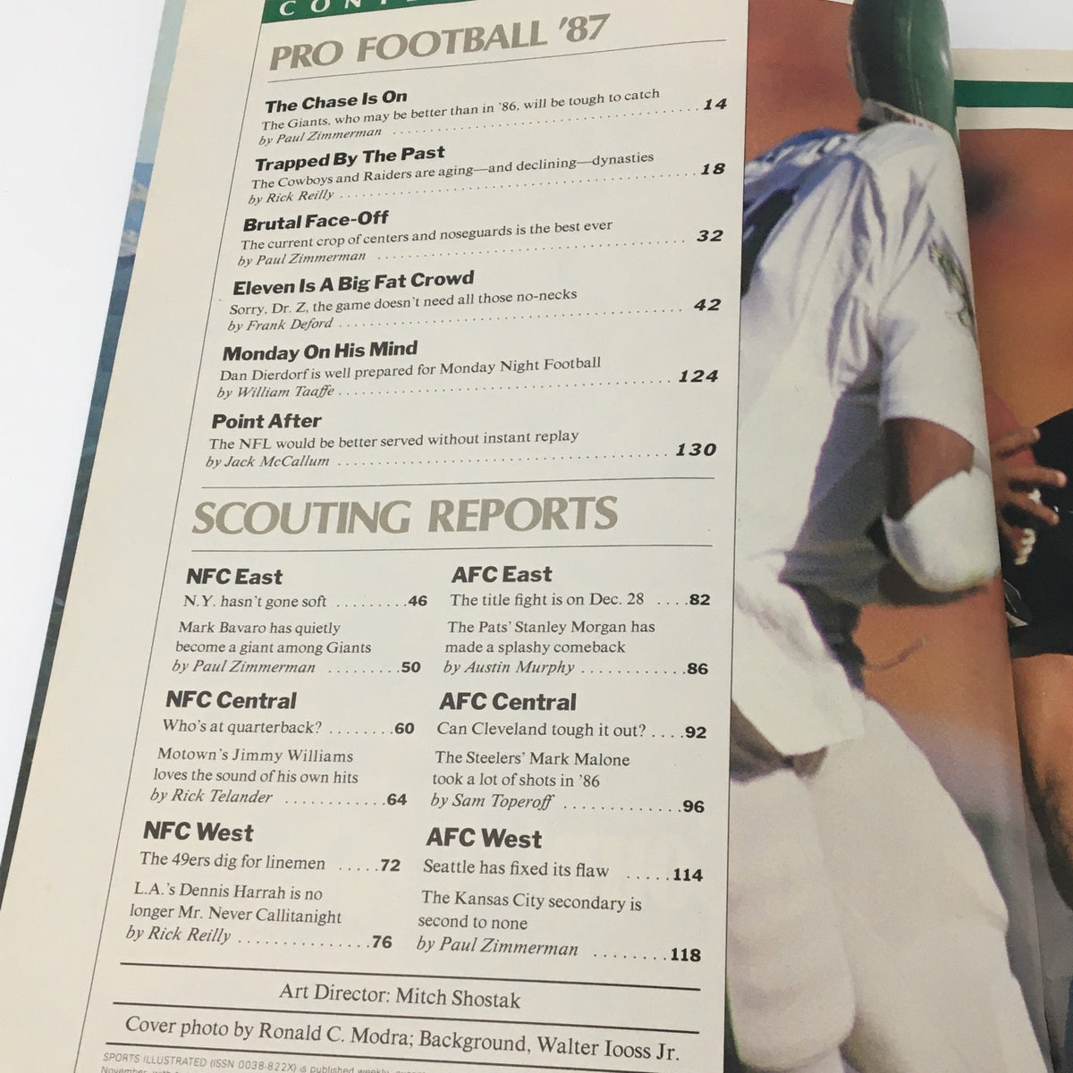 Inside page of Sports Illustrated Magazine September 9 1987, showcasing the contents including Pro Football articles and scouting reports.